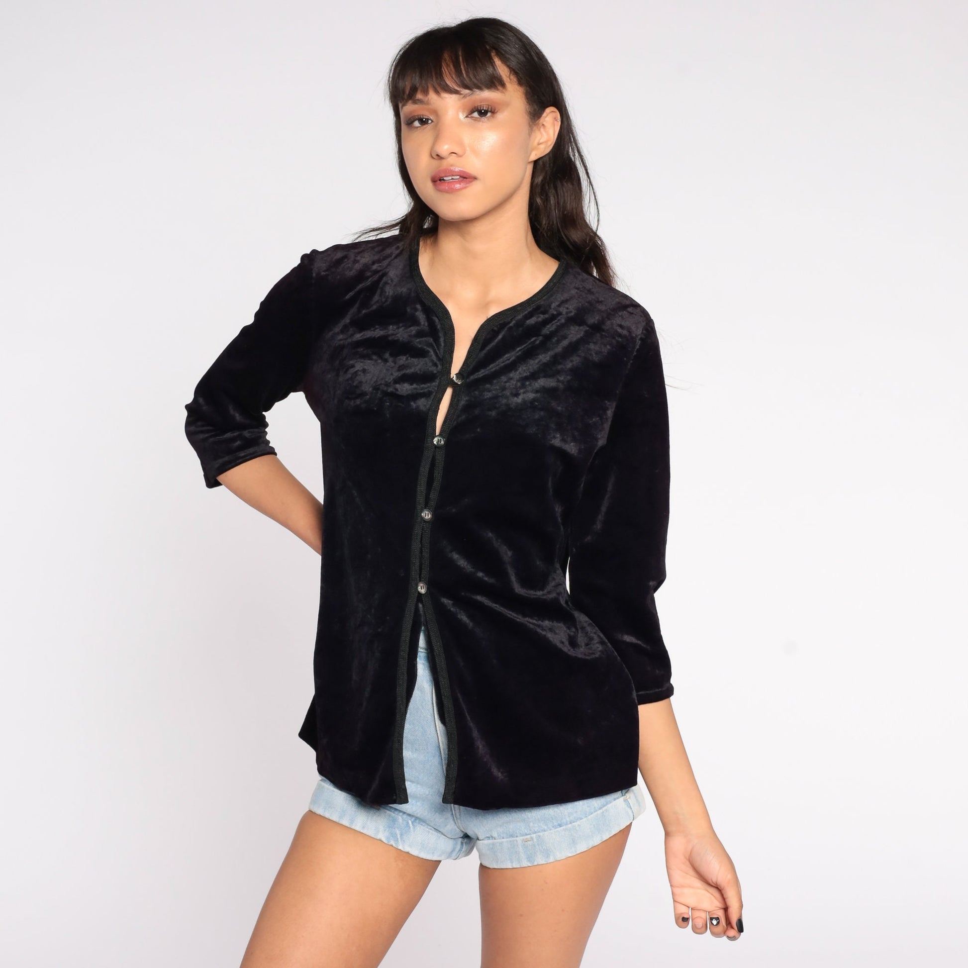 90s Black Velvet Button-Up Blouse Long Sleeve Vintage Shirt Medium