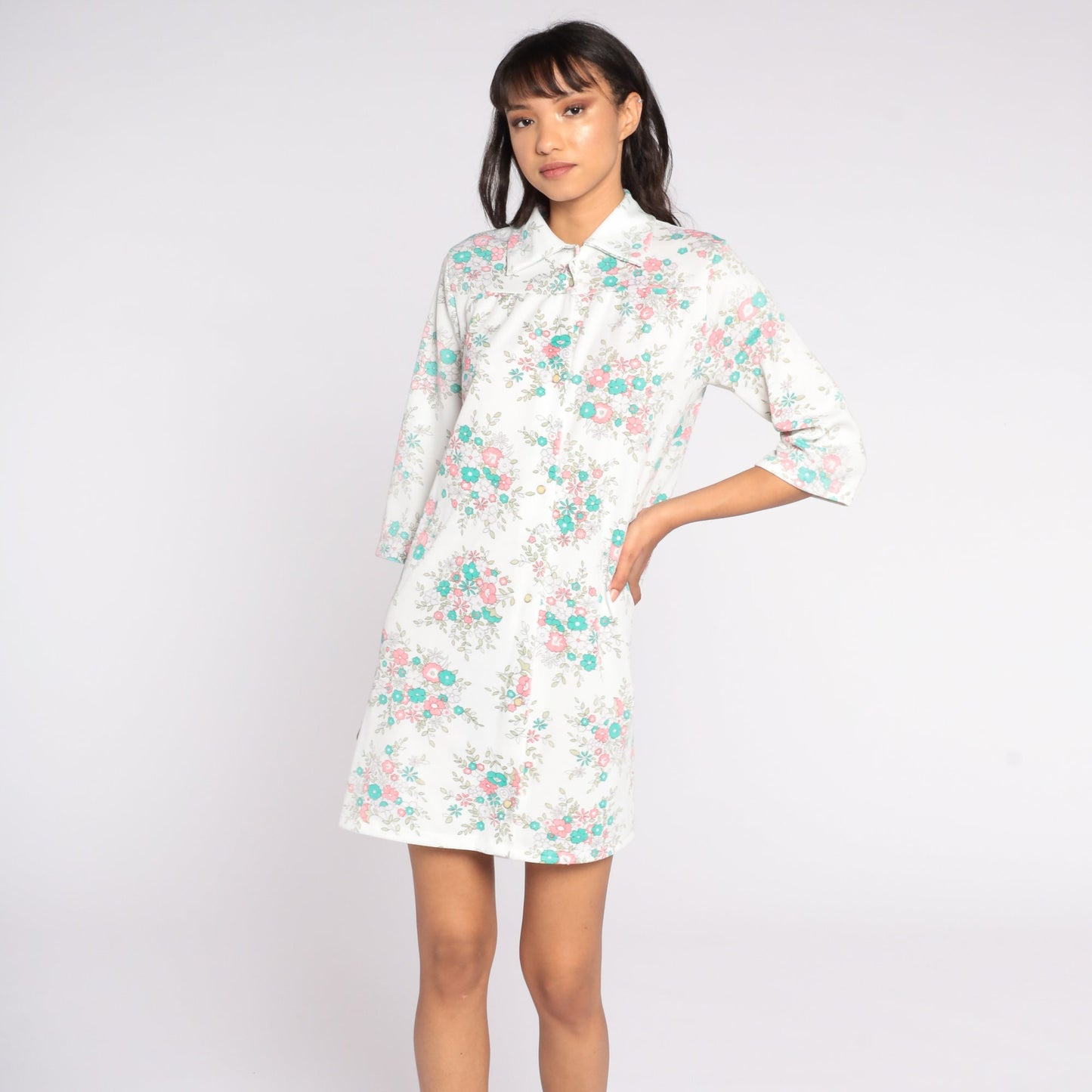 60s Floral Print Shift Dress White Button-Up Lounge Tunic Medium Large