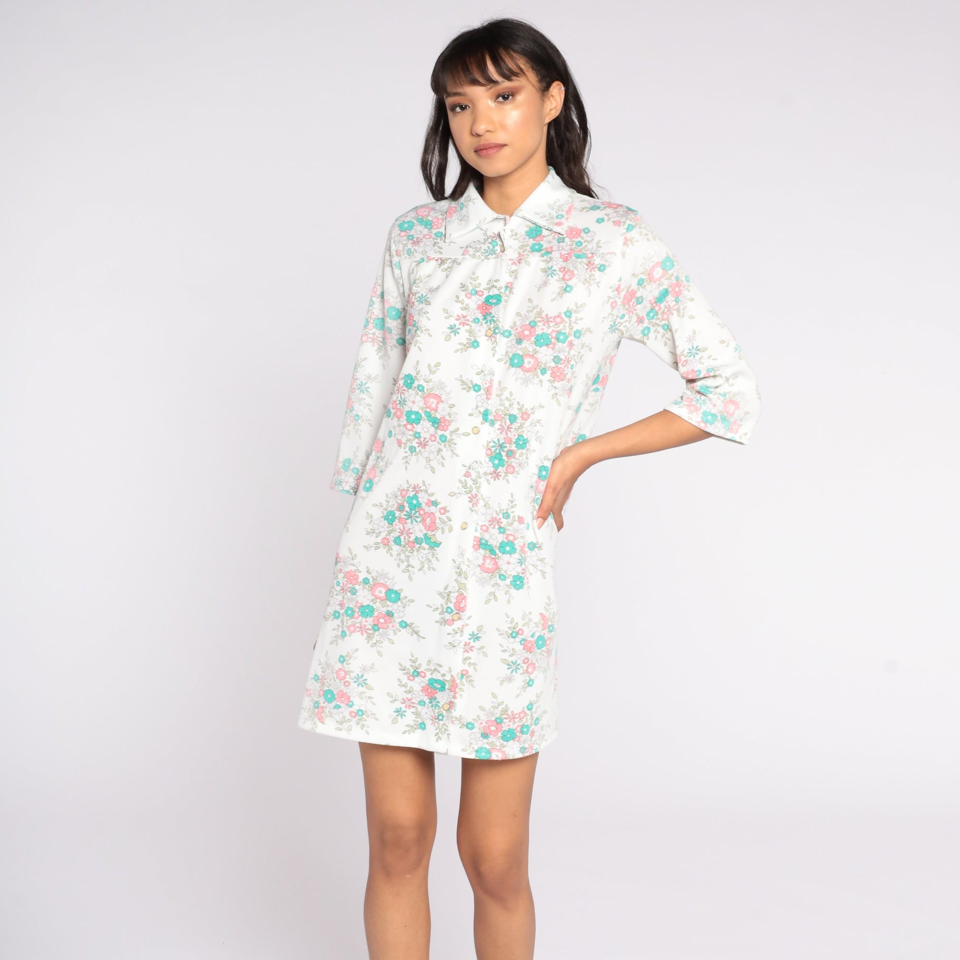 60s Floral Print Shift Dress White Button-Up Lounge Tunic Medium Large