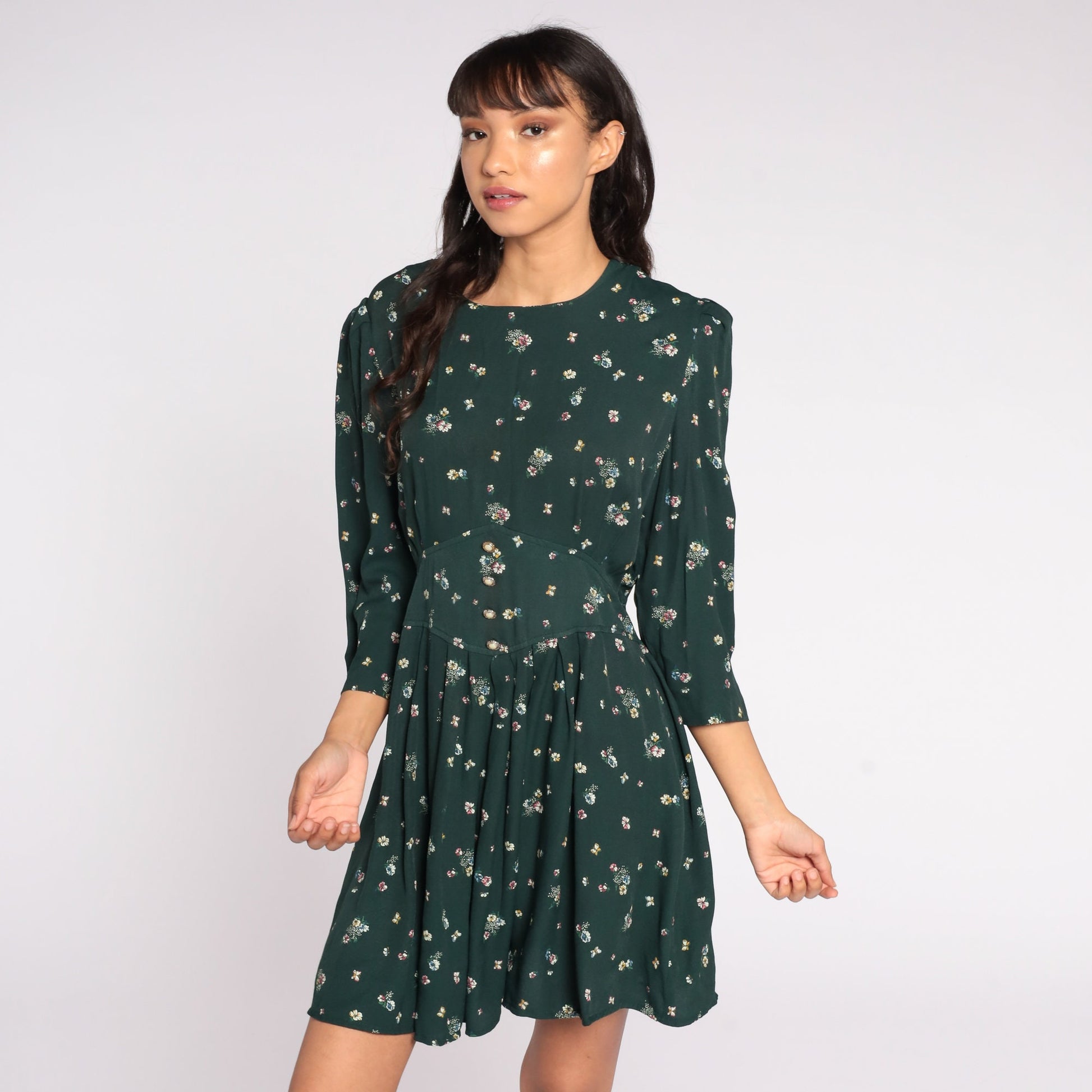 80s Green Floral Mini Dress Puff Sleeve High Waisted Medium