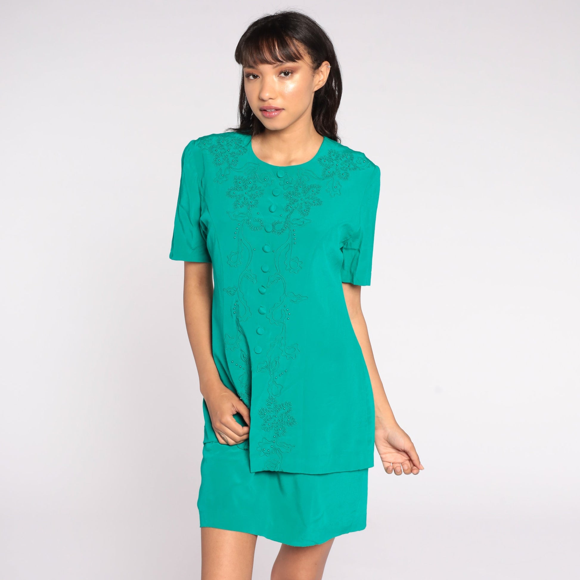90s Green Beaded Soutache Mini Dress Button-Up Sheath Short Sleeve Medium