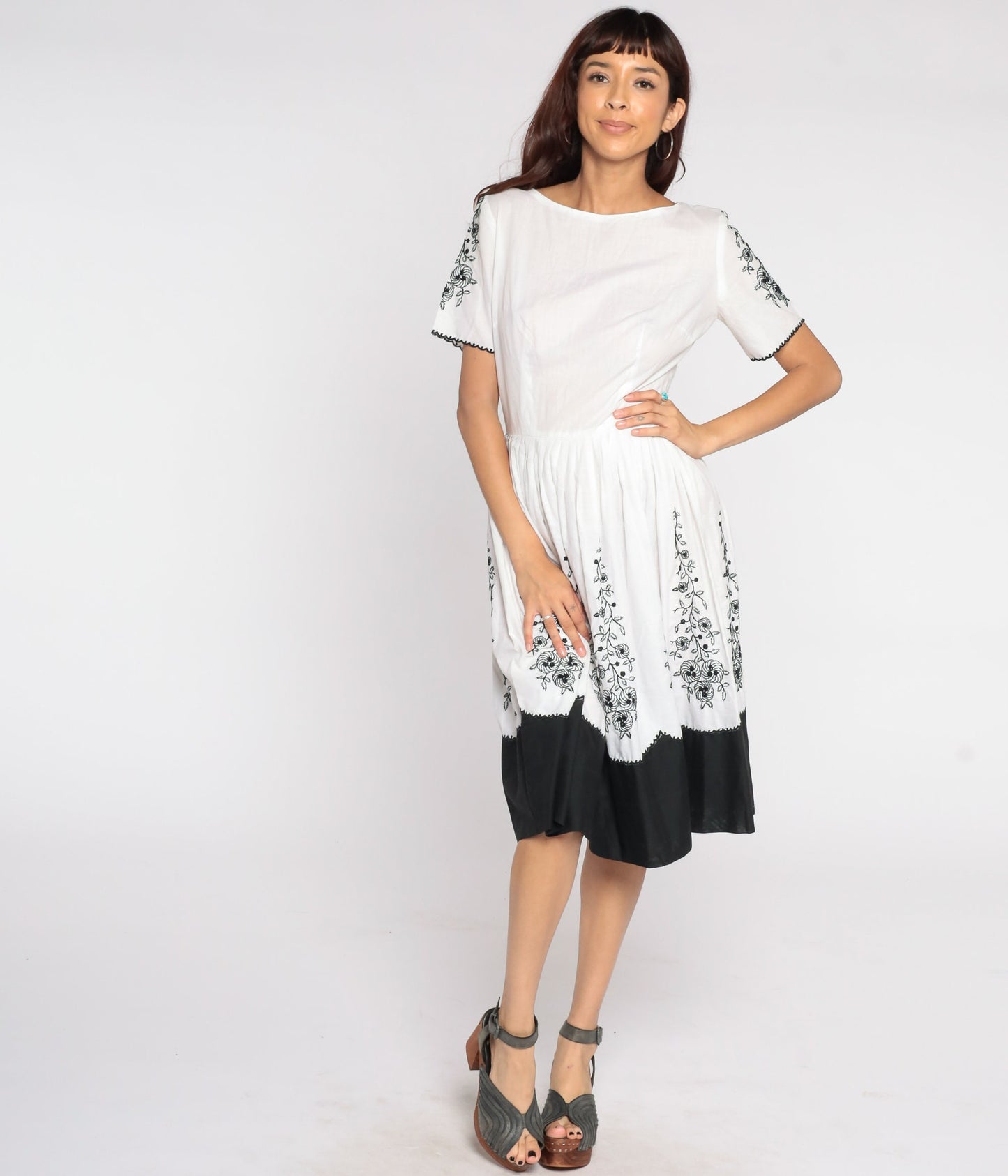 60s L'Aiglon Black White Floral Embroidered Midi Dress Cotton Small