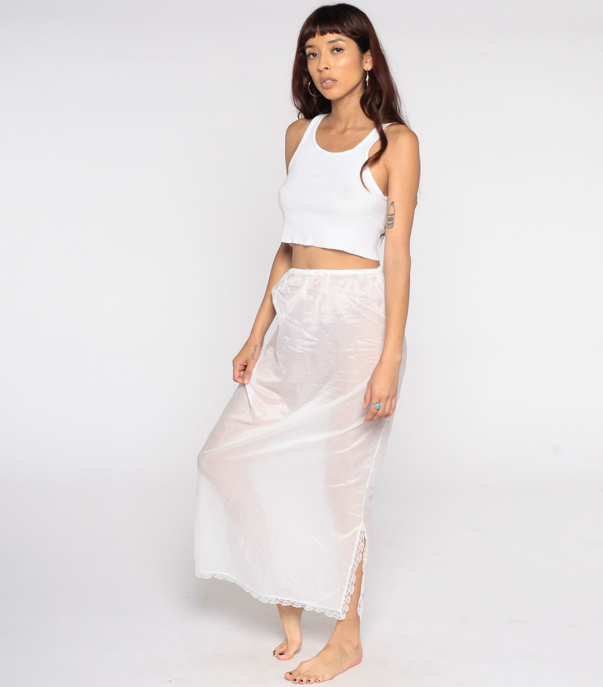 70s White Sheer Slip Skirt Lace Trim Maxi Small Medium