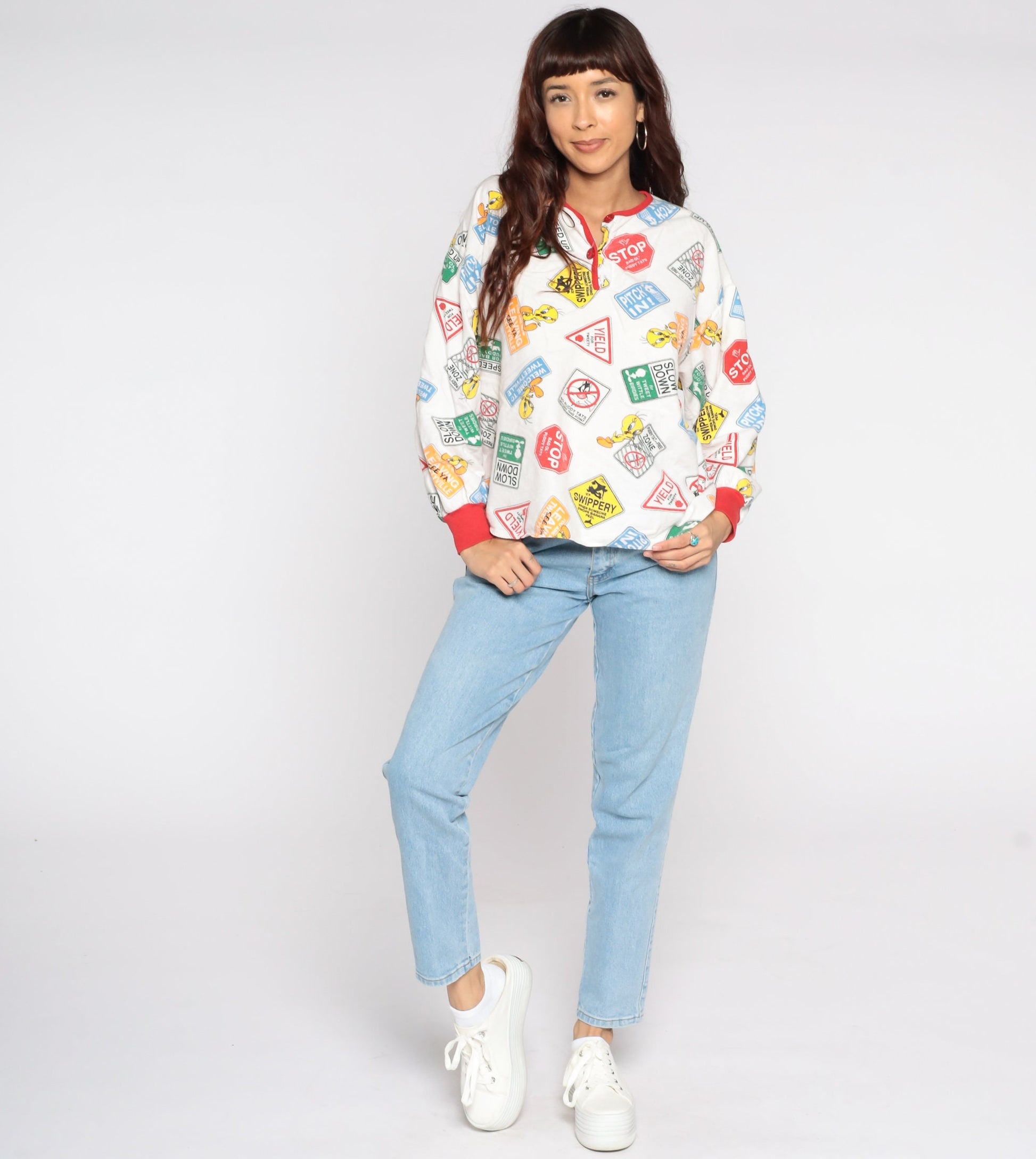90s Looney Tunes Tweety Bird Pajama Shirt Cotton Long Sleeve Medium