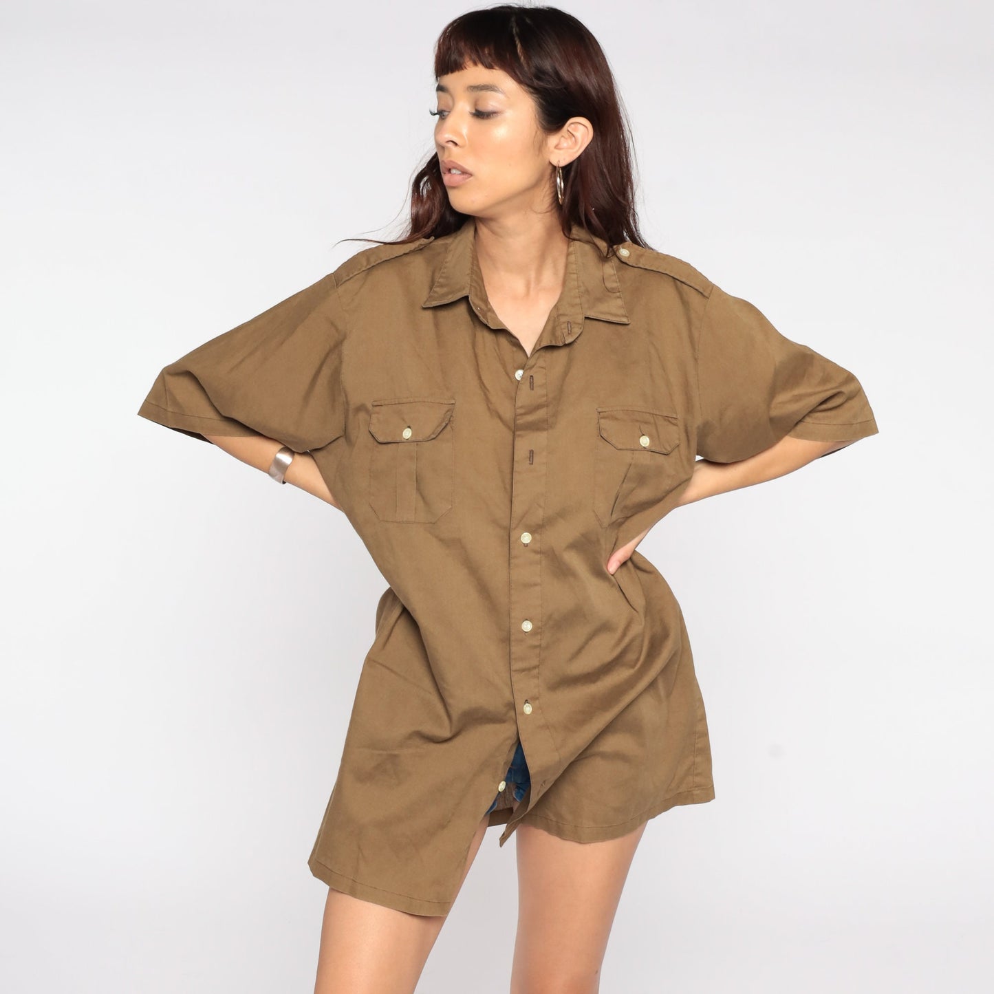 70s Brown Button Up Shirt Epaulette Collar Short Sleeve Men's Extra Large