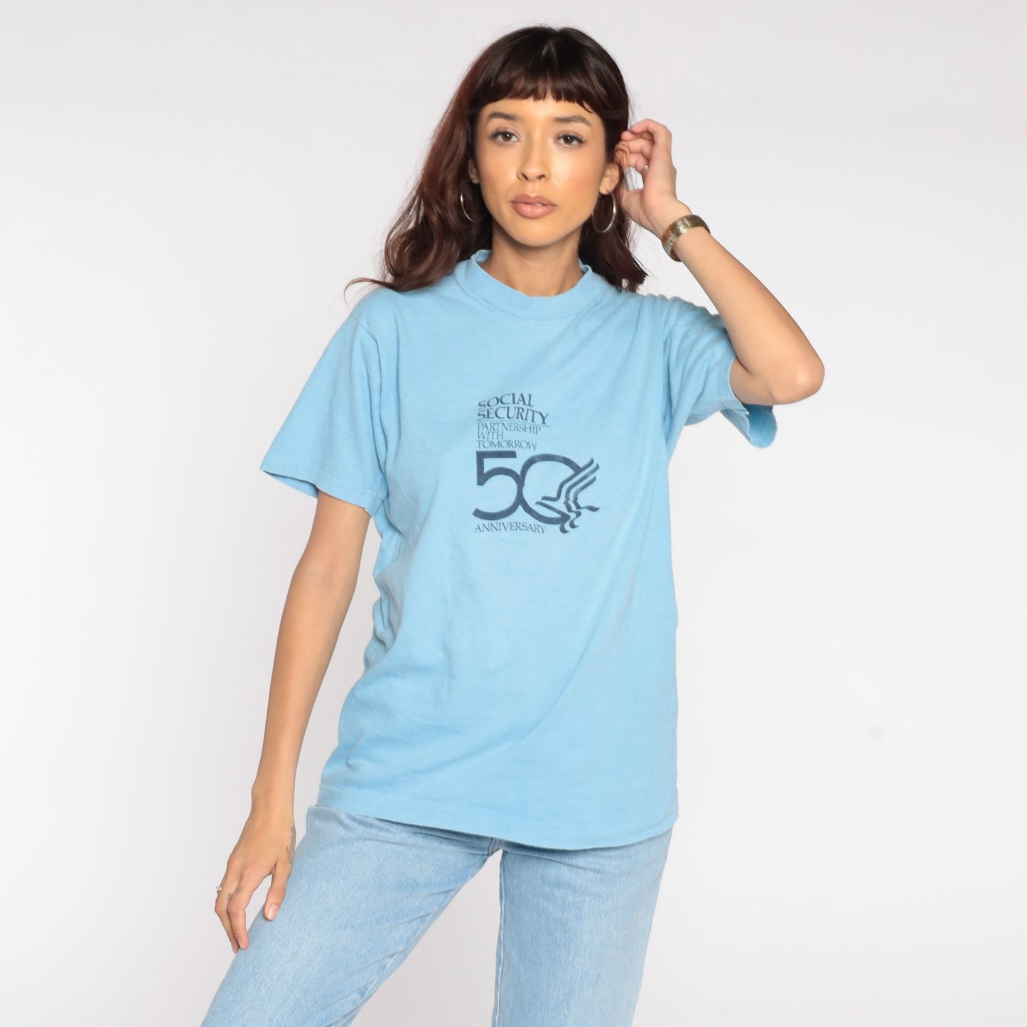 1985 Social Security Graphic T-Shirt 80s Slogan Tee Baby Blue Medium