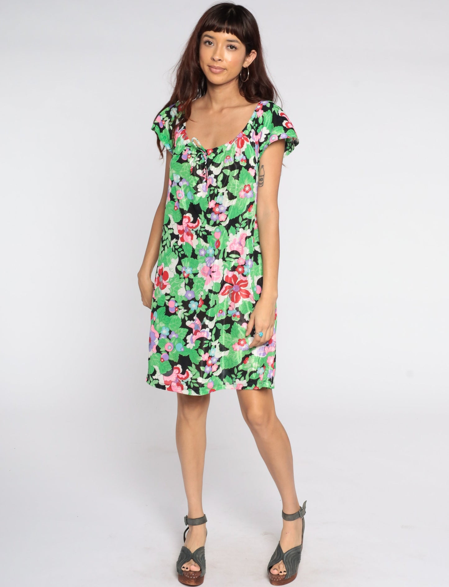 70s Floral Mini Dress Tent Cut Hippie Peasant Vintage Summer Medium Large