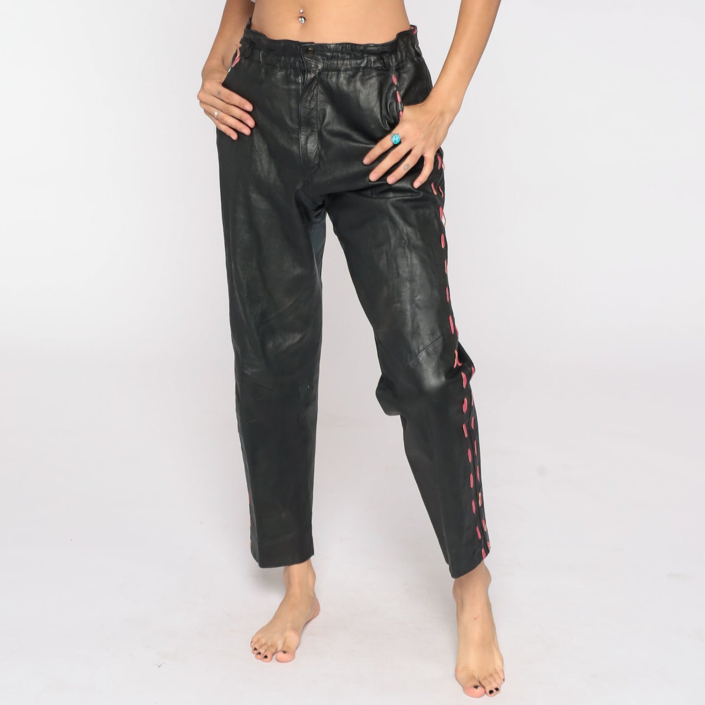 80s Black Leather High-Waist Tapered Pants Medium