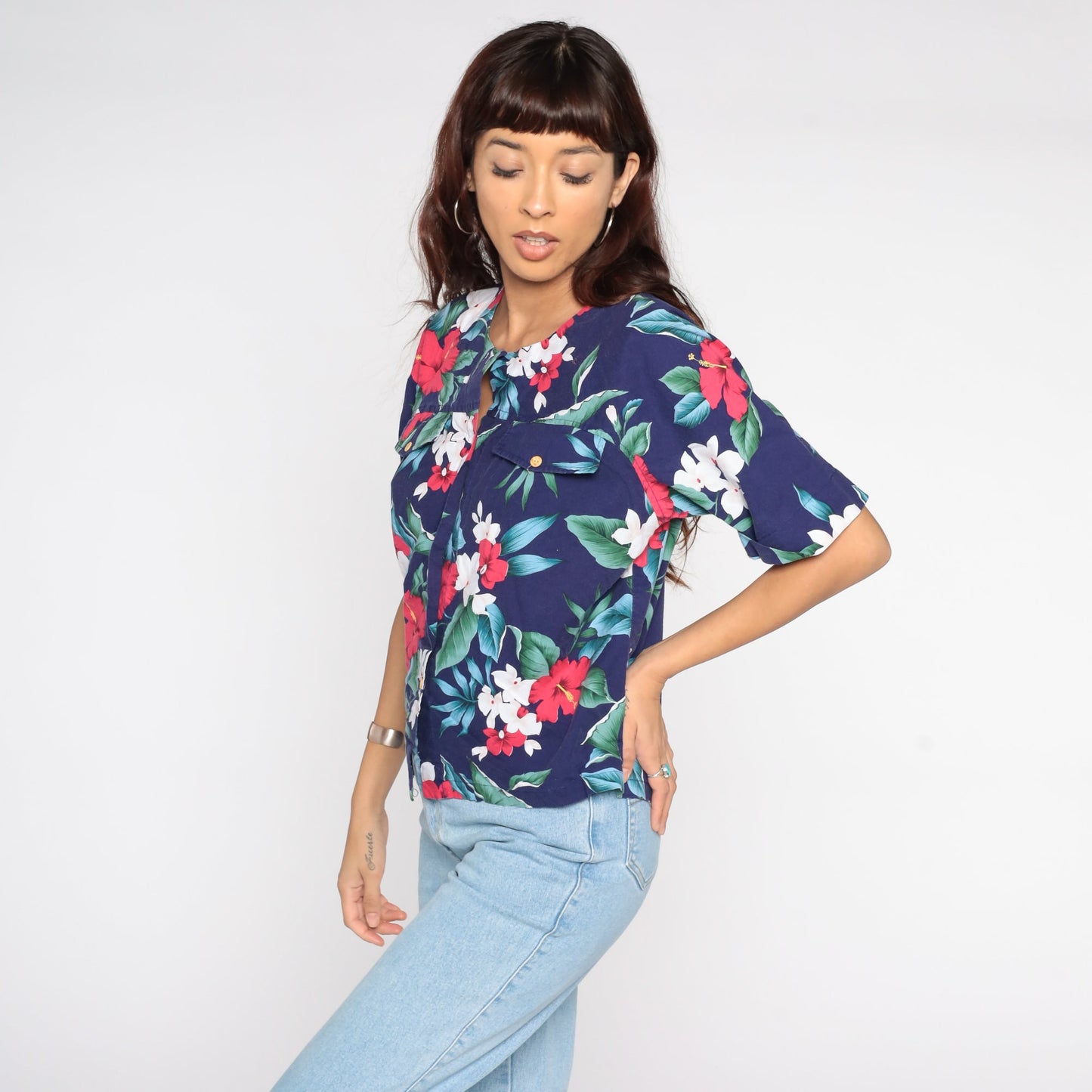 80s Tropical Floral Button-Up Blouse Short Sleeve Blue Medium Large