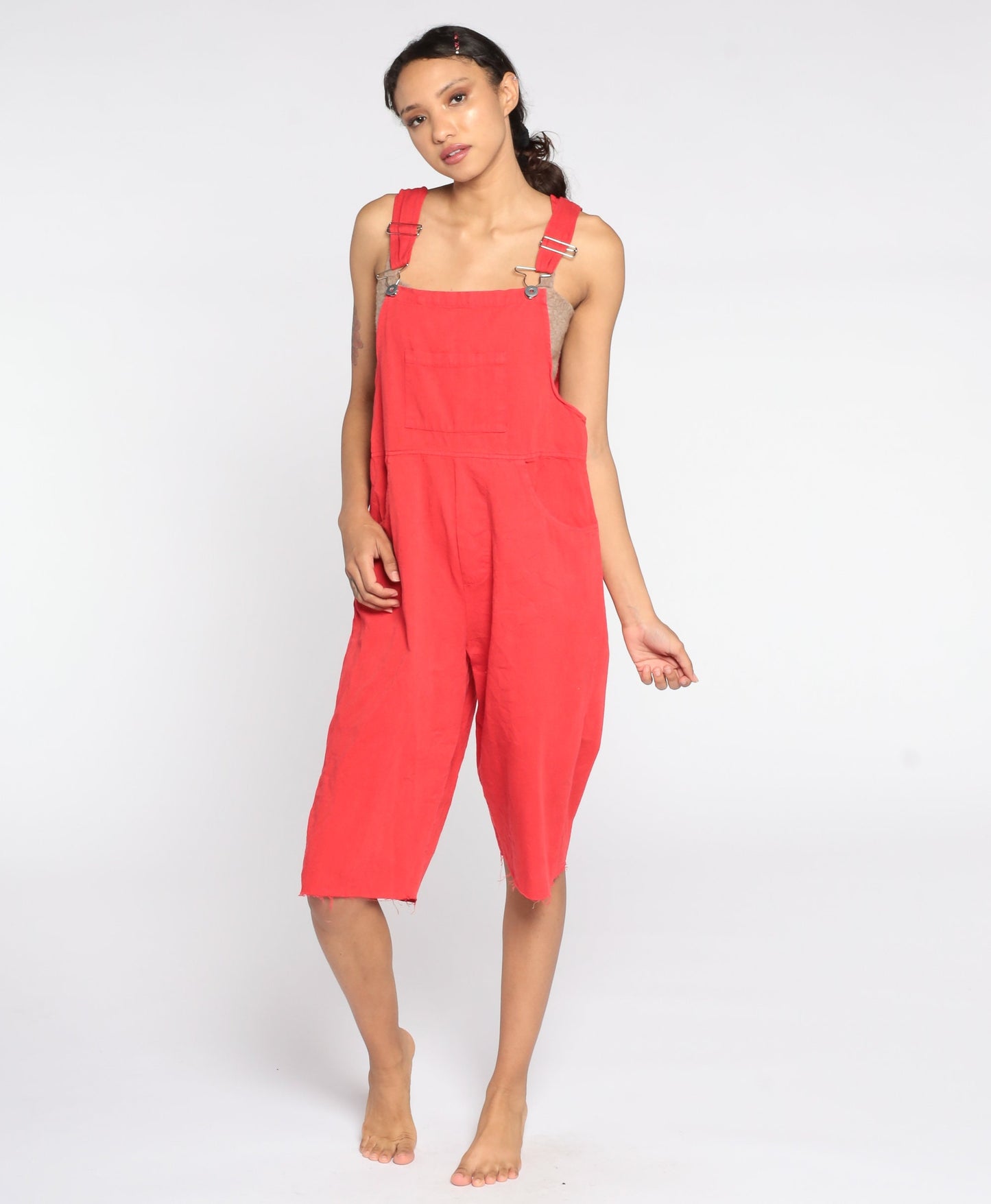 90s Red Cotton Overall Shorts Frayed Cutoff Bib Dungarees Large