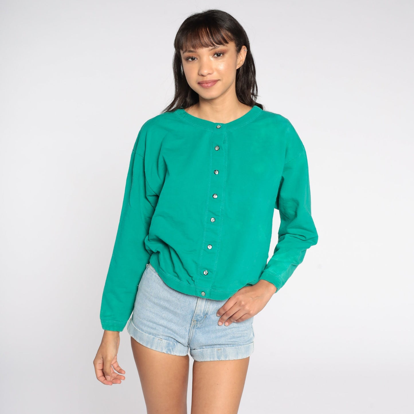 80s Green Button-Up Cardigan Sweatshirt Cotton Blend Large