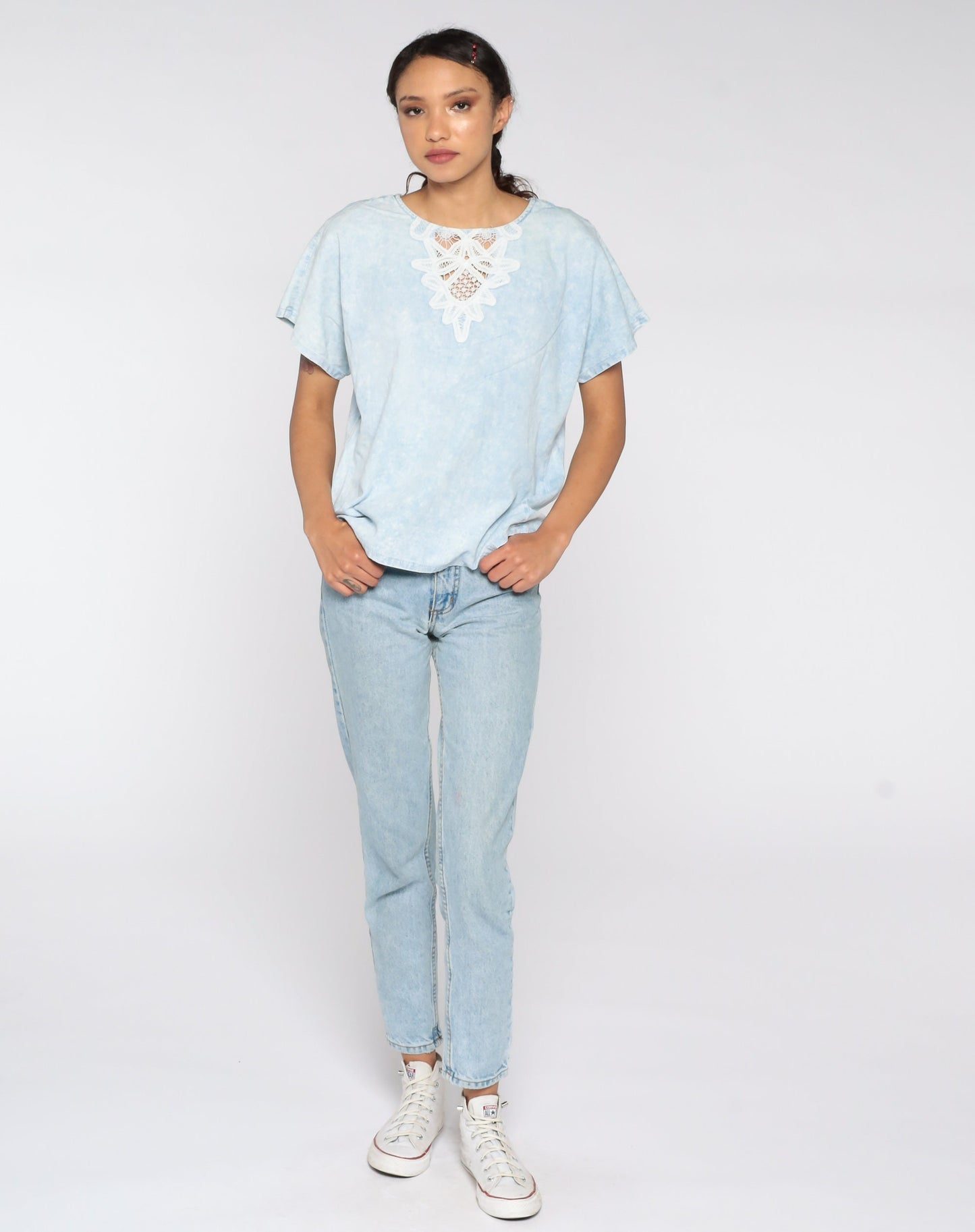 80s Blue Acid Wash Lace Cutout Blouse Cotton Top Medium