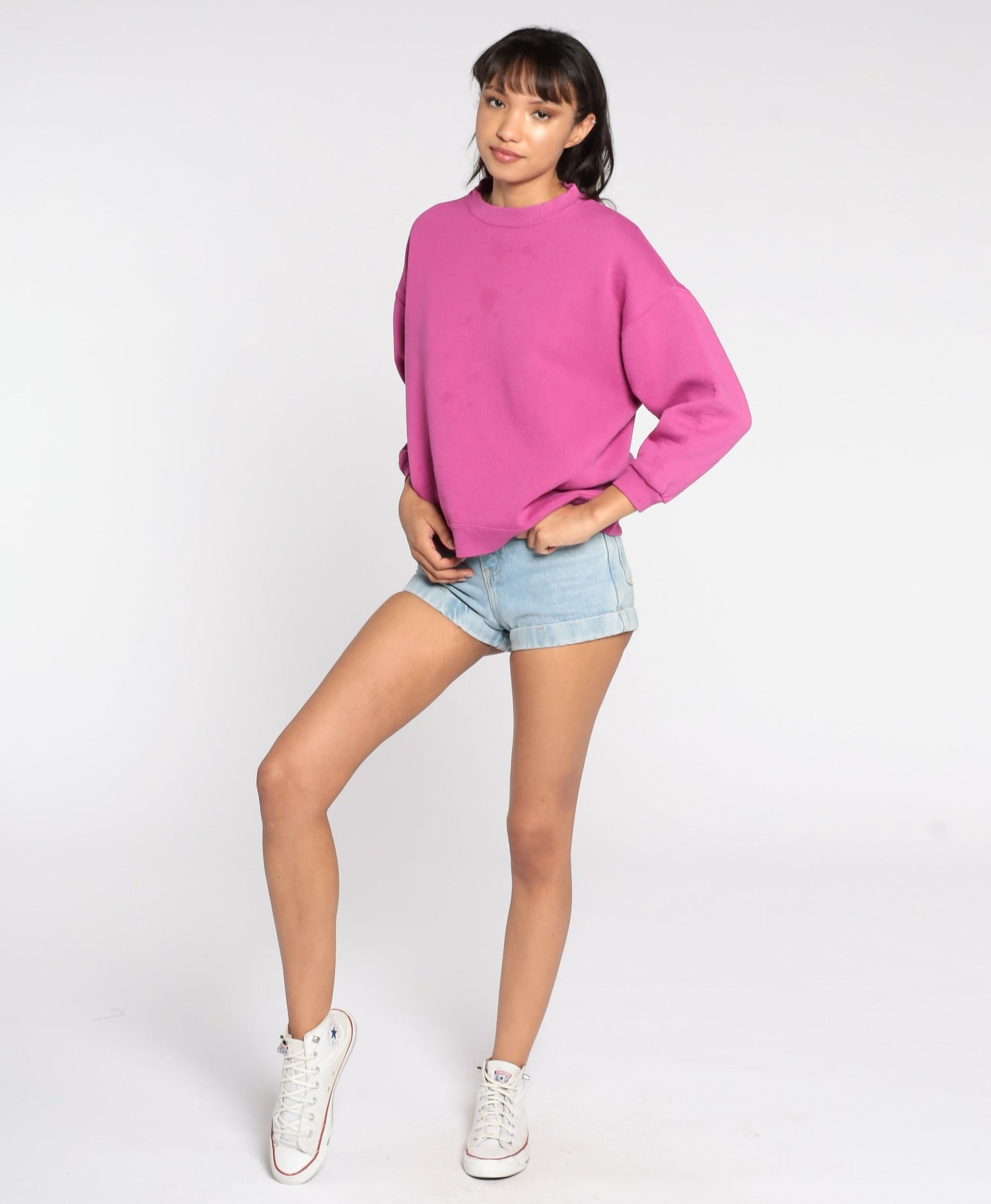 80s Fuchsia Sweatshirt Plain Crewneck Pullover Cotton Blend Large L