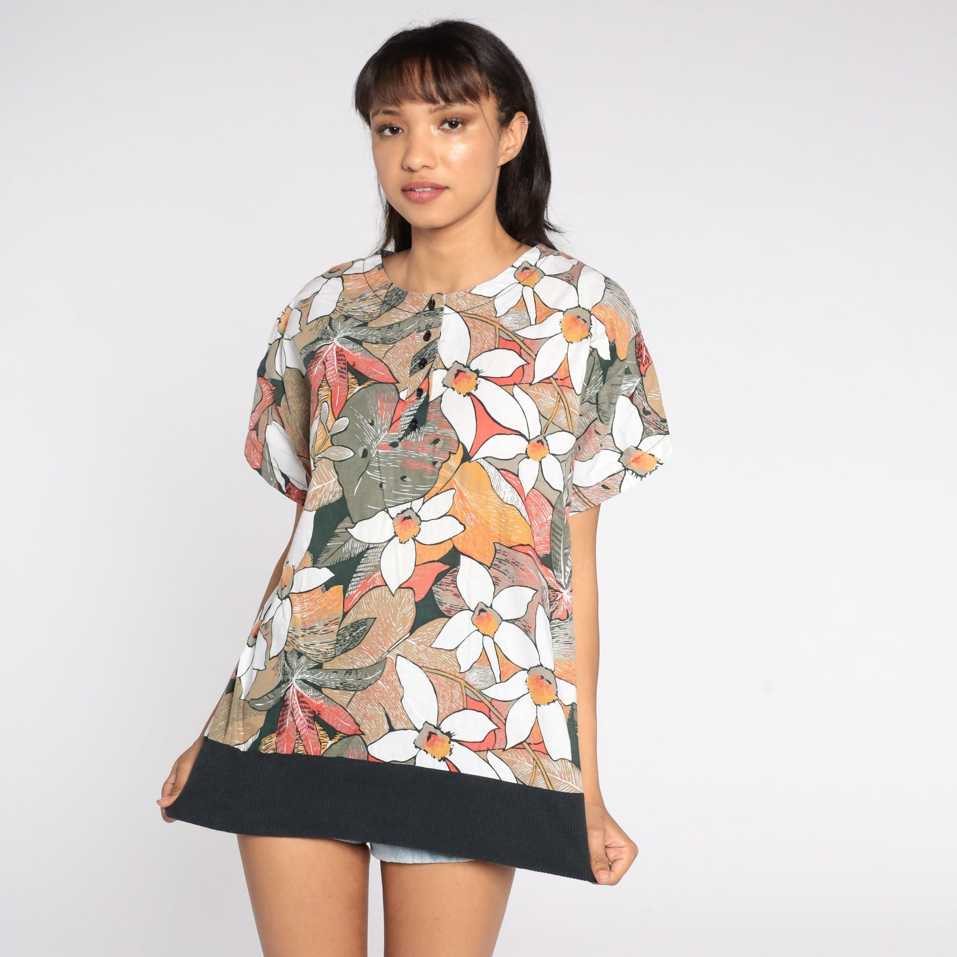 80s Tropical Floral Button-Up Blouse Short Sleeve Shirt Extra Large XL
