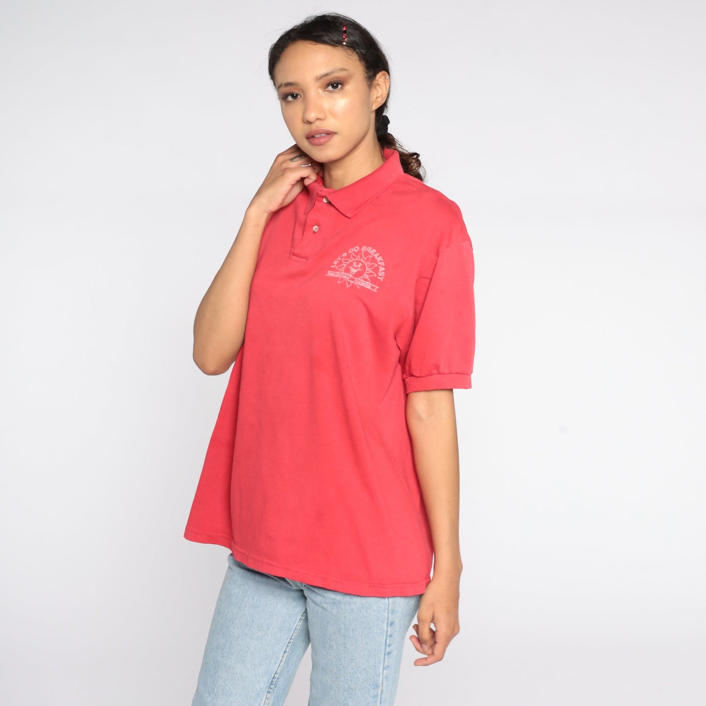 80s Garden Grove USD Food Services Polo Shirt Red Half Button Large