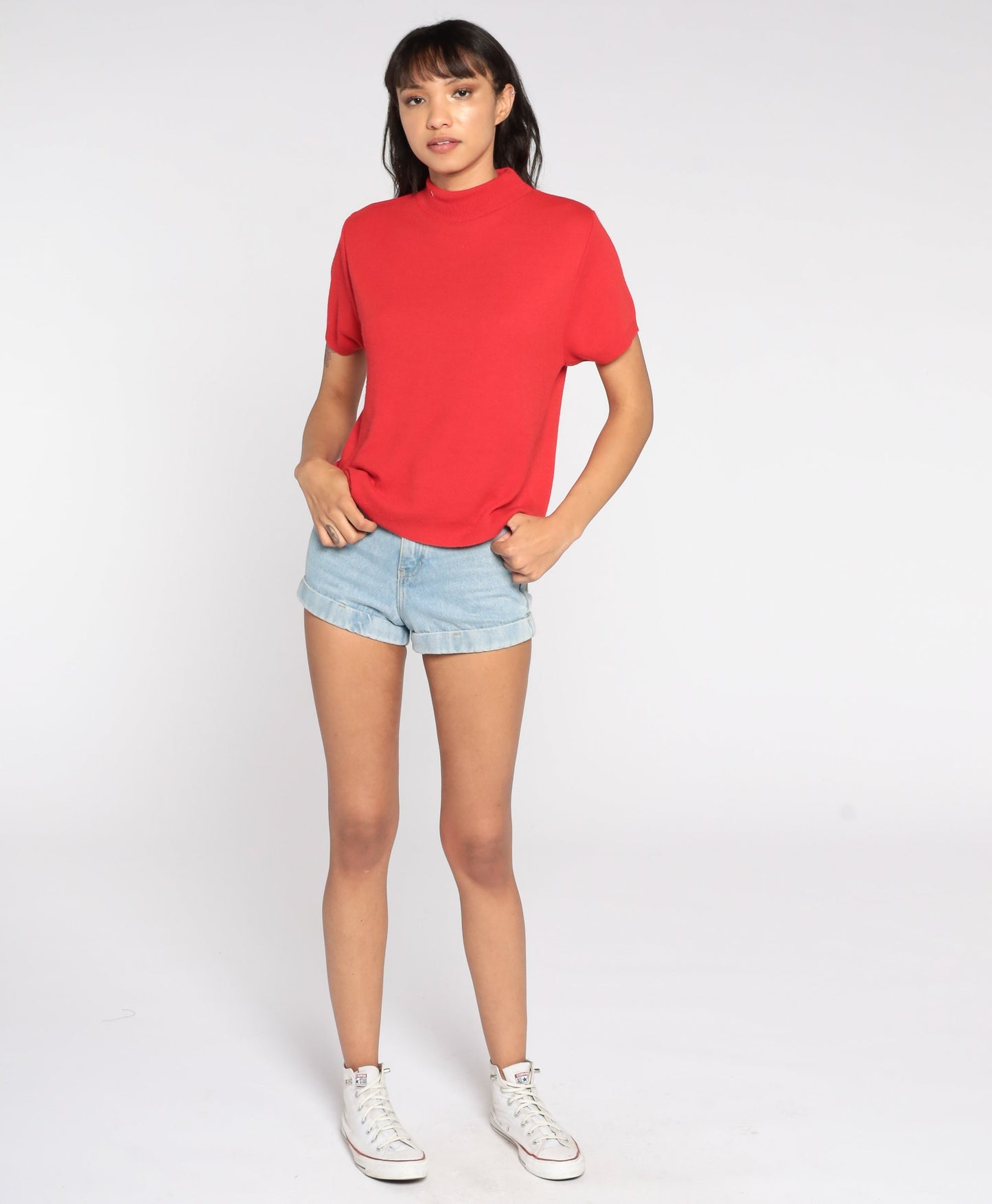 80s Red Mock Neck Knit Top Short Sleeve Vintage Sweater Medium