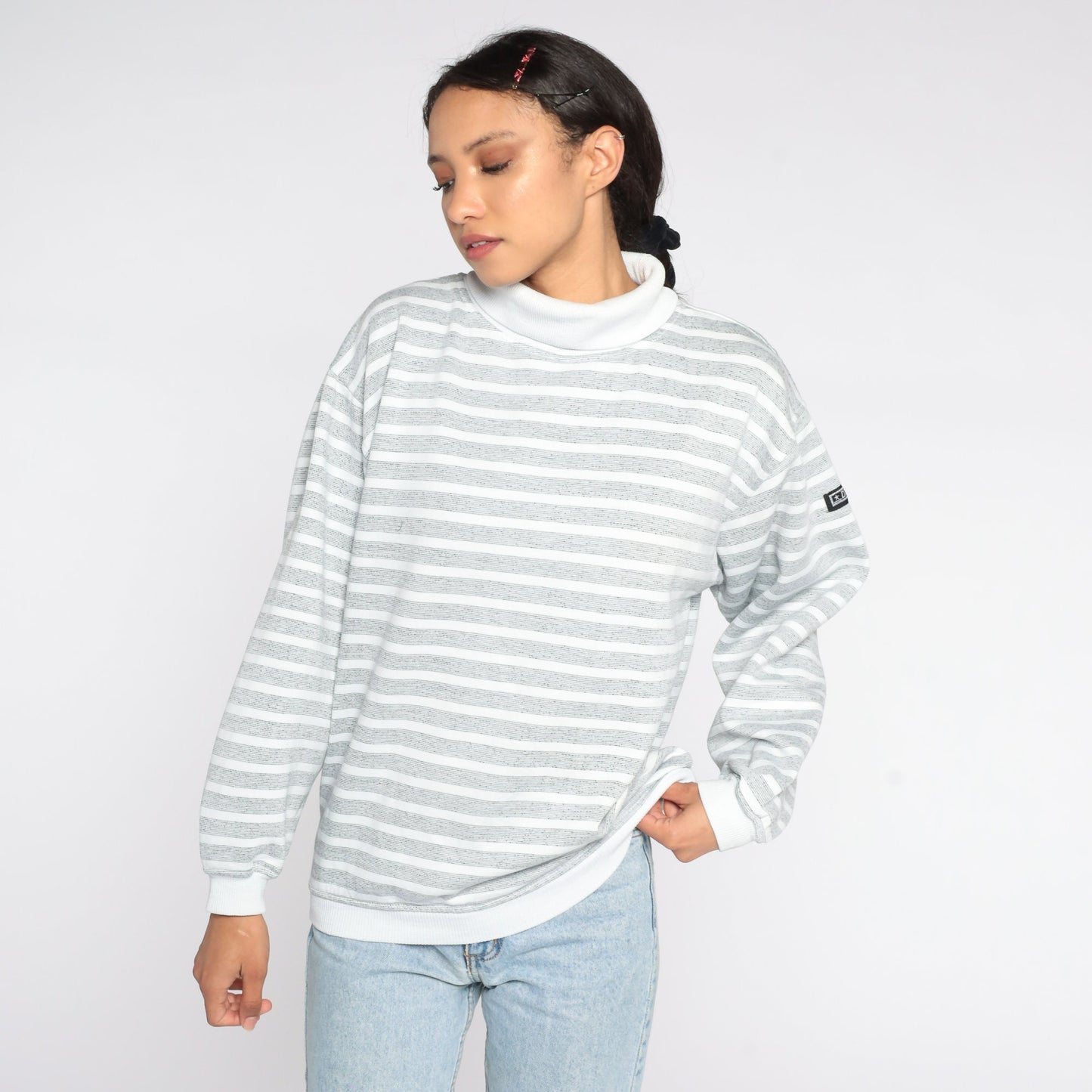 80s Striped Mock Neck Sweatshirt White Grey Pullover Medium