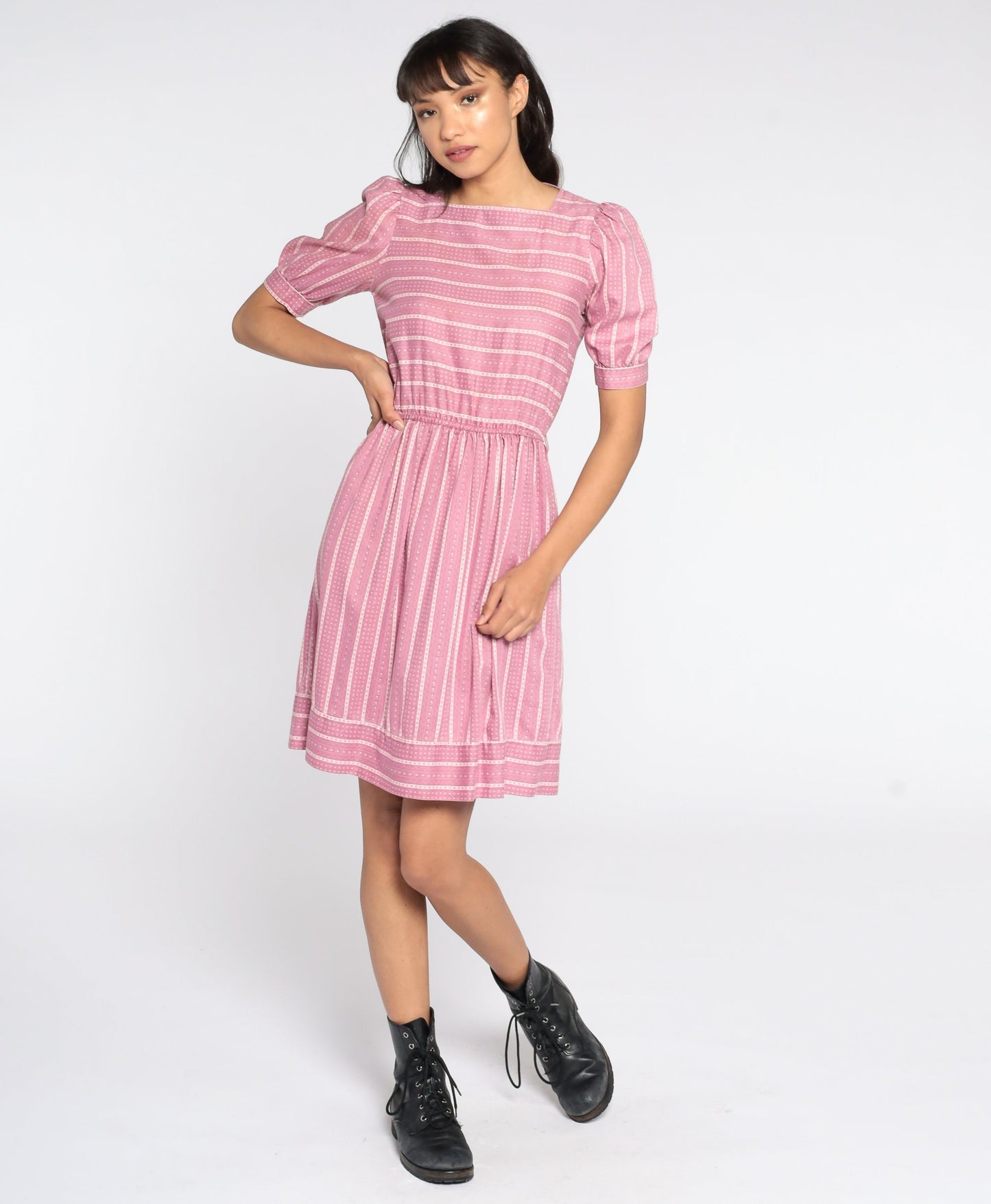 80s Pink Striped Puff Sleeve Dress High Waist Knee Length Extra Small