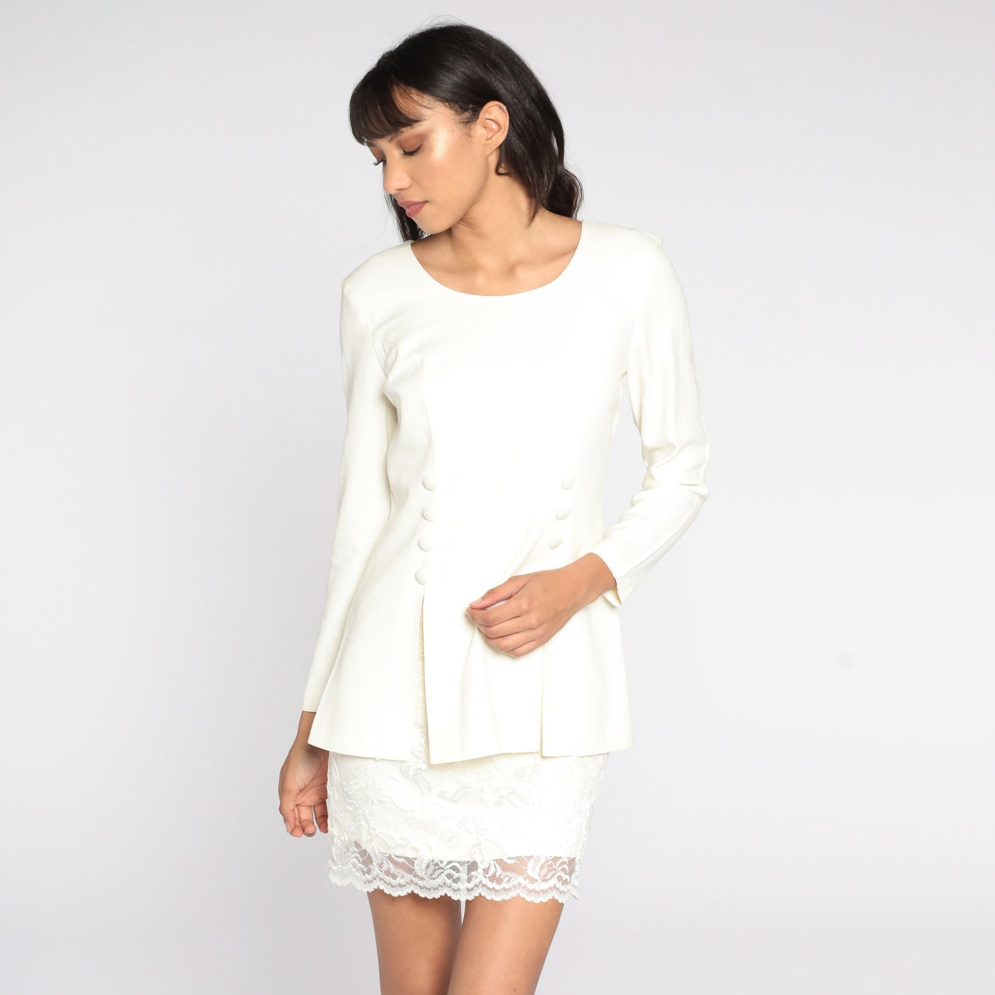 80s Cream Double Breasted Mini Dress Lace Trim Button Up Small