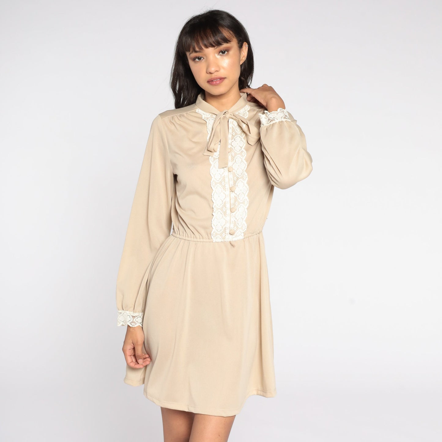 70s Toni Todd Secretary Dress Beige Lace Bow Button-Up Mini Medium