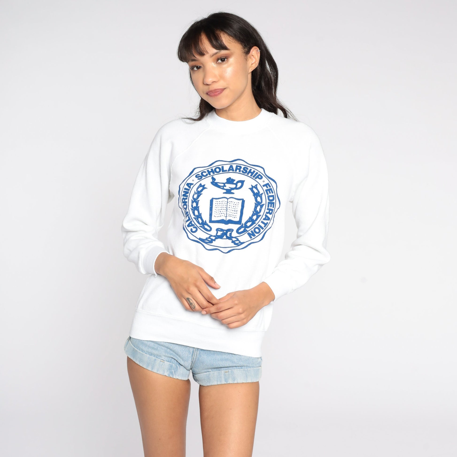 80s California Scholarship Federation Raglan Sweatshirt White Graphic Pullover Small