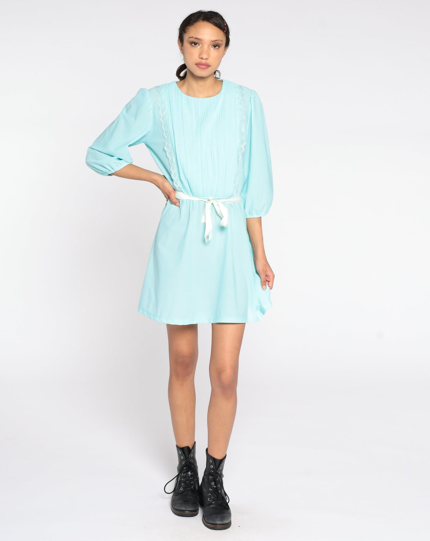 80s Blue Puff Sleeve Mini Dress Pleated High Waist Medium