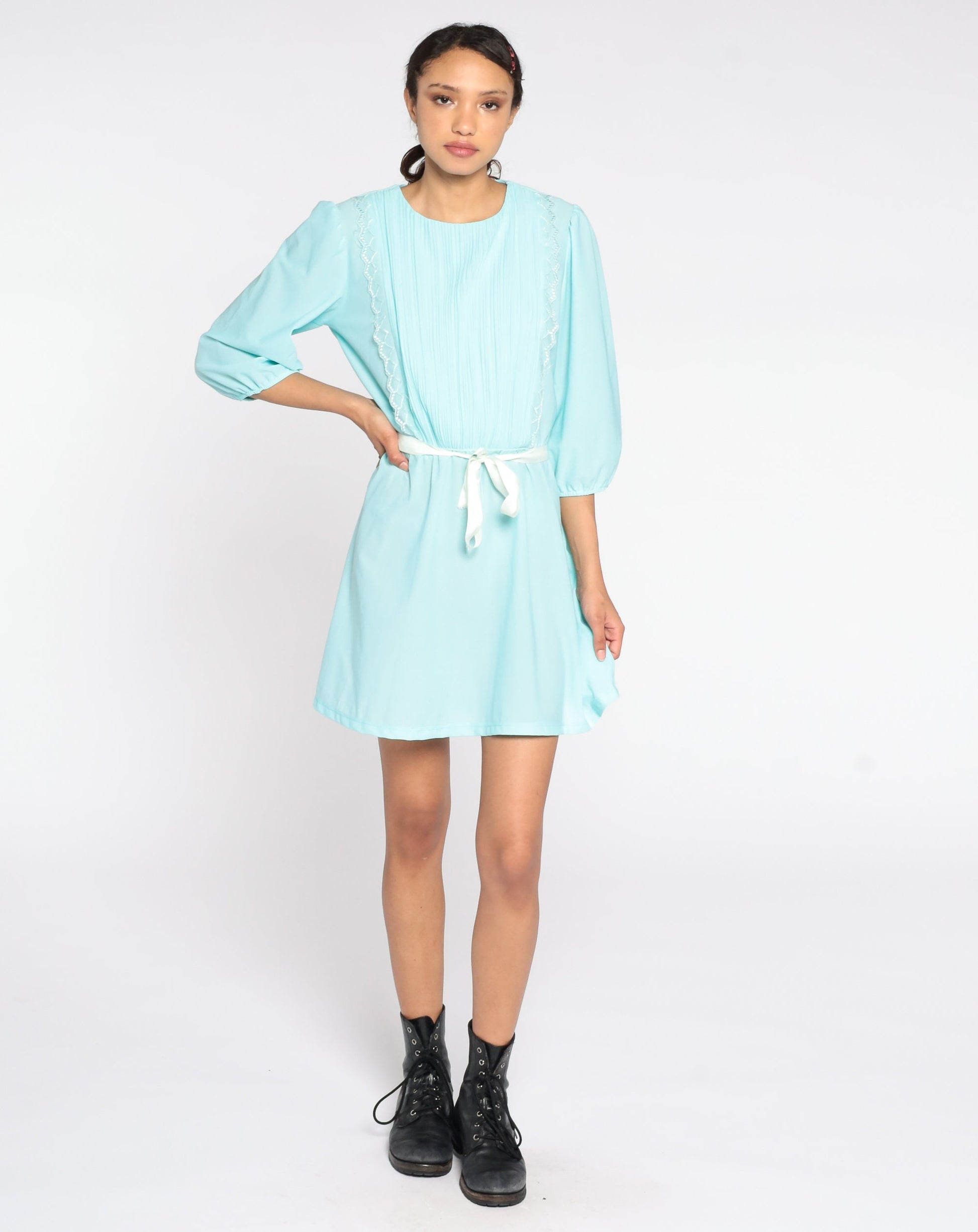 80s Blue Puff Sleeve Mini Dress Pleated High Waist Medium