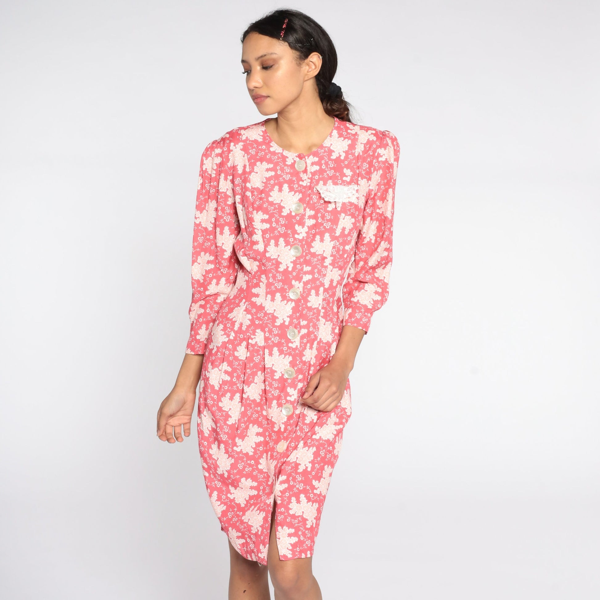 80s Jonathan Martin Floral Mini Dress Puff Sleeve Pink Sheath Small