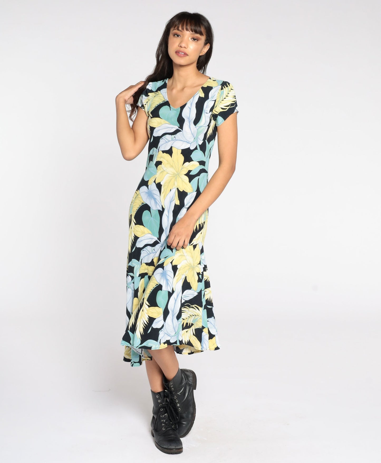 90s Tropical Leaf Print Shift Dress Black Blue Green Midi Small S