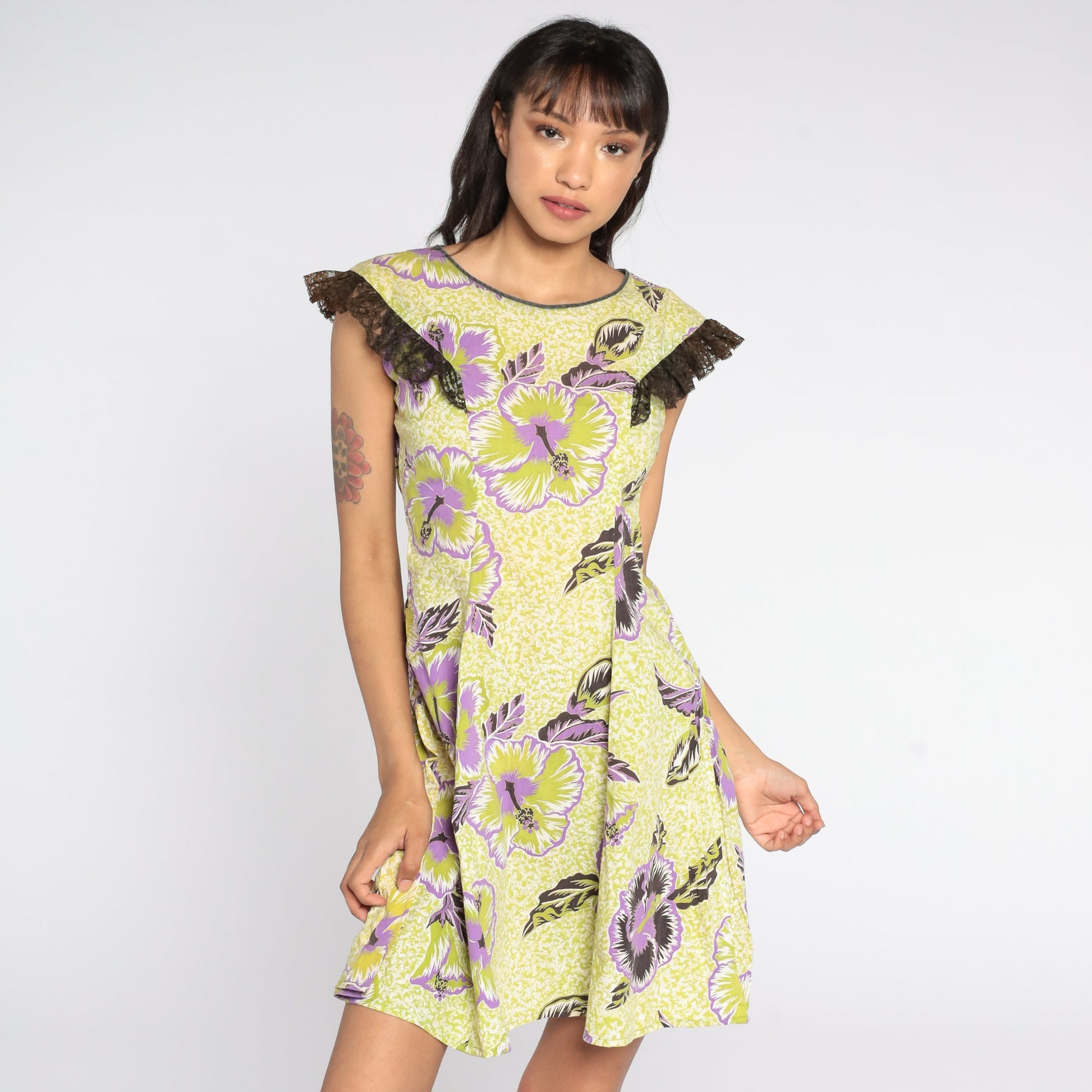 80s Yellow Floral Shift Dress Flutter Sleeve Midi Small