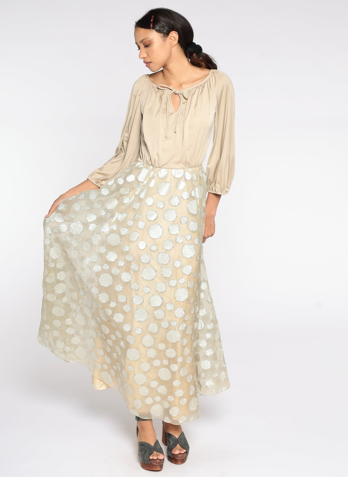 70s Beige Maxi Dress Silver Metallic Circle Skirt Long Sleeve High Waist Small