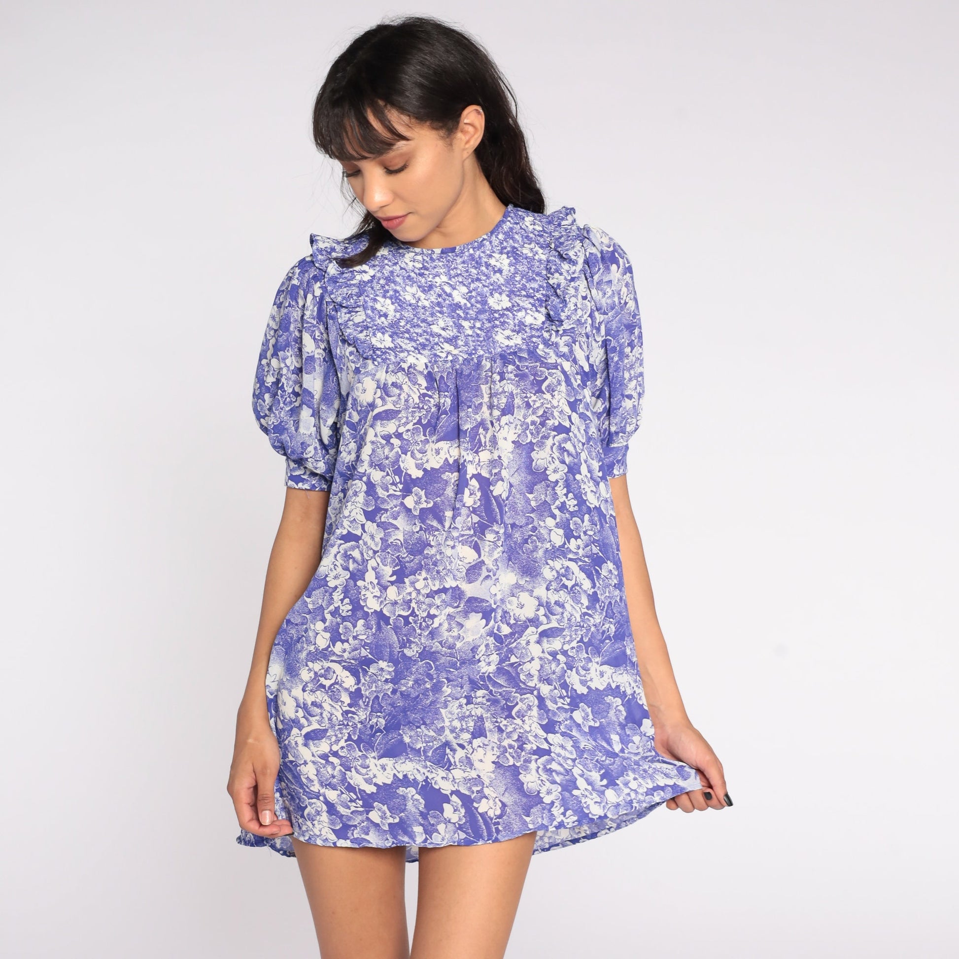 70s Mako Hawaii Floral Mini Dress Puff Sleeve Tent Cut Purple Small