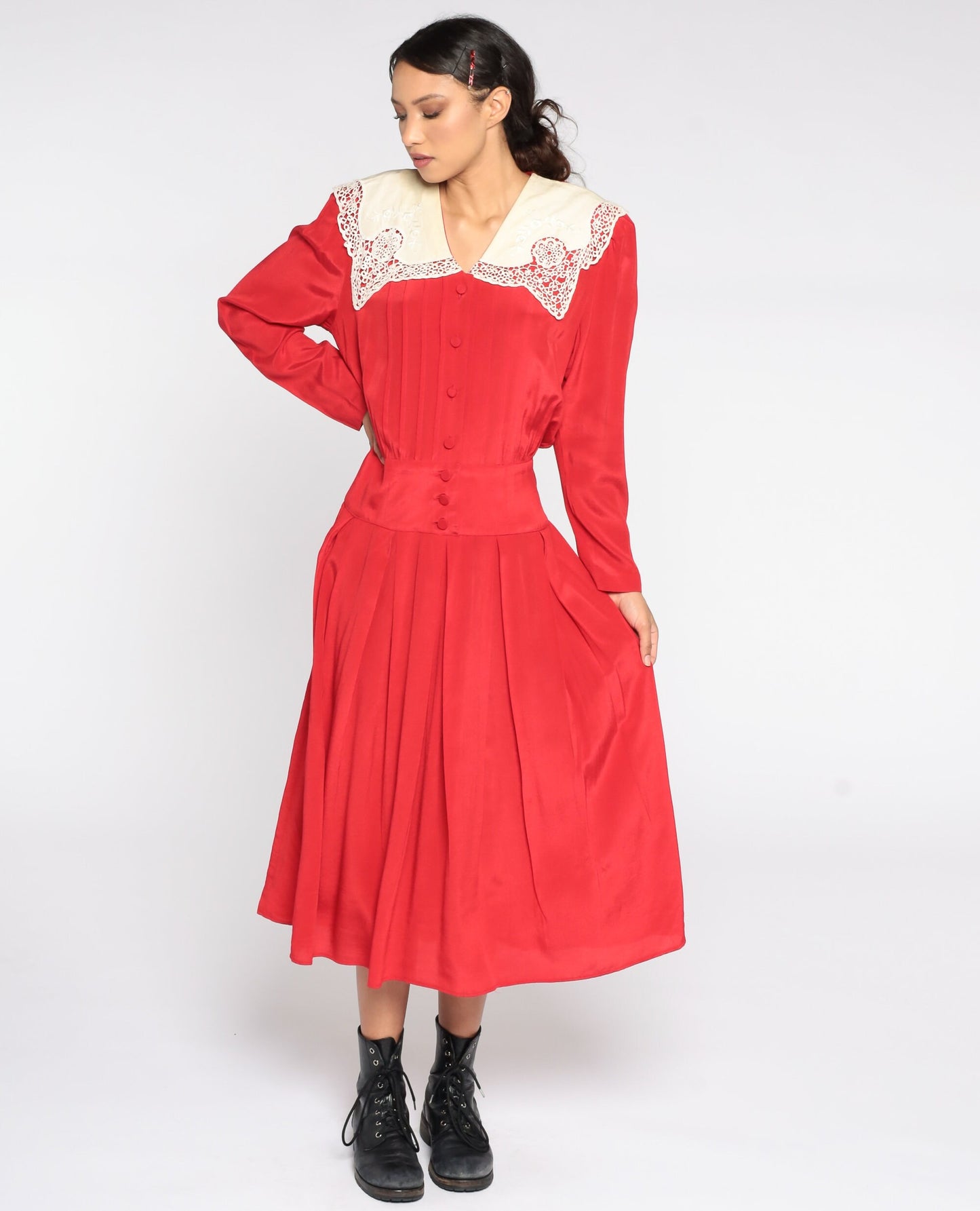 80s Red Midi Dress Lace Collar Button-Up Long Sleeve Small