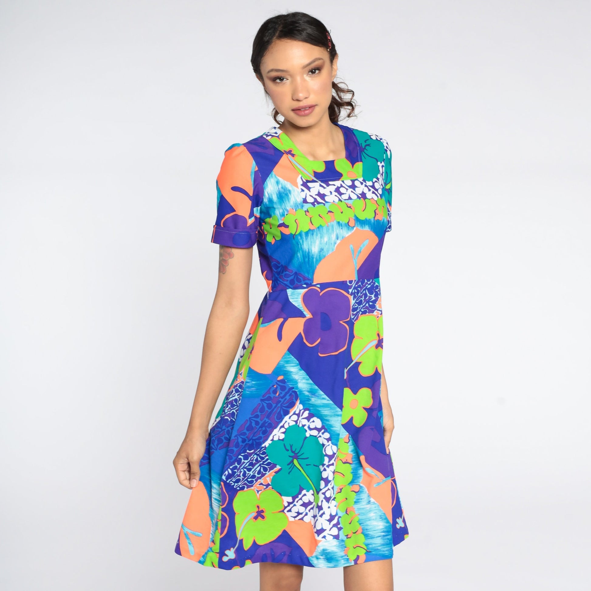 70s Floral Puff Sleeve Mini Dress Purple High Waist Knee Length Small