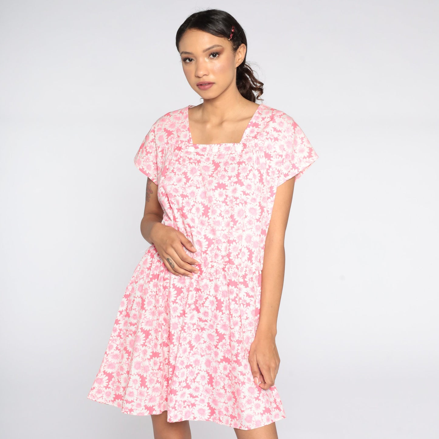 80s Pink Floral Mini Dress High Waist Square Neckline Cap Sleeve Extra Large