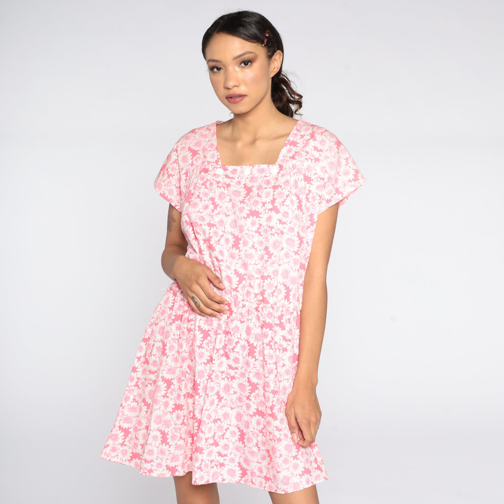 80s Pink Floral Mini Dress High Waist Square Neckline Cap Sleeve Extra Large