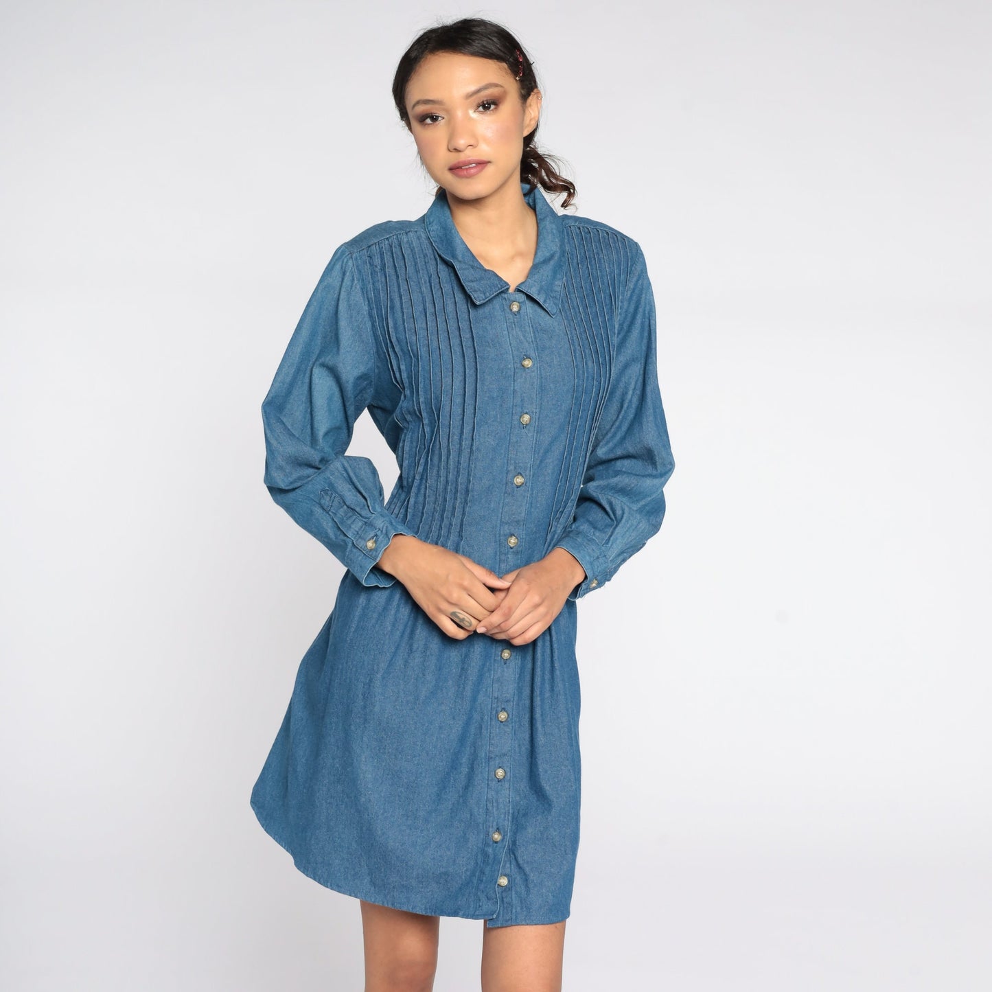 90s Blue Denim Mini Dress High Waisted Button Up Long Sleeve Extra Large XXL