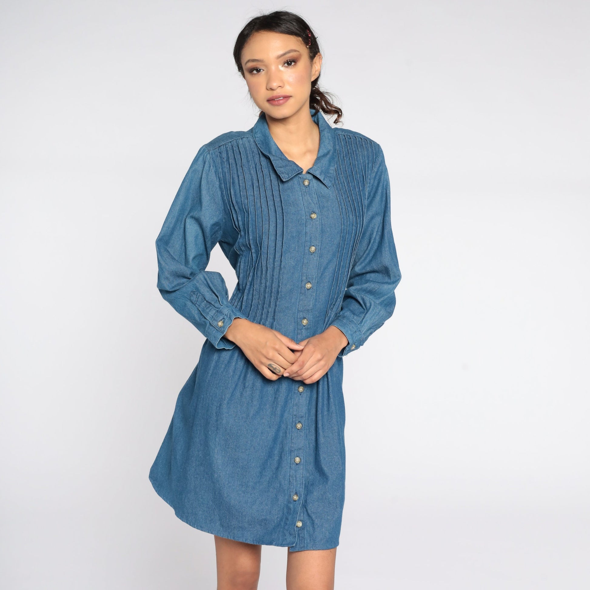 90s Blue Denim Mini Dress High Waisted Button Up Long Sleeve Extra Large XXL