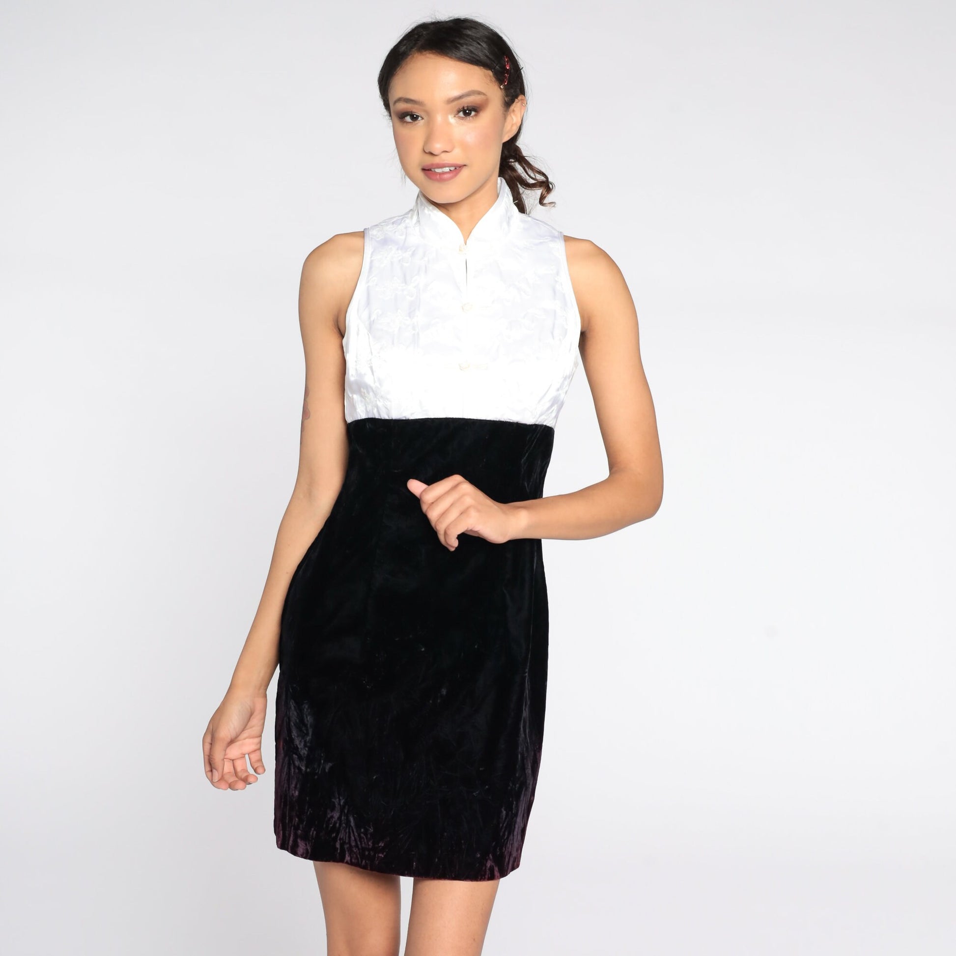 90s Zum Zum Black Velvet Mini Dress White Embroidered Bodice Small