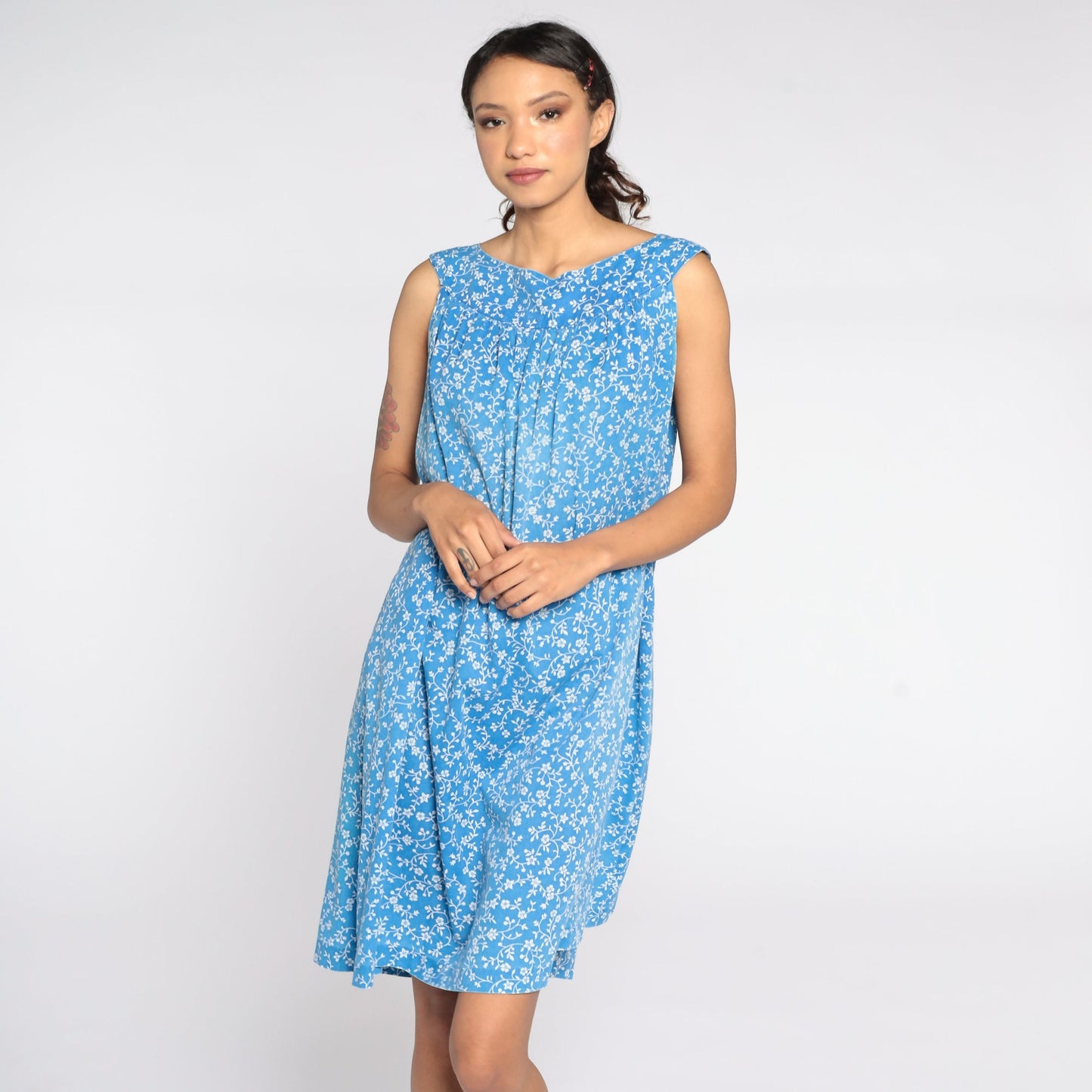 80s Blue Floral Trapeze Dress Sleeveless Knee-Length Large
