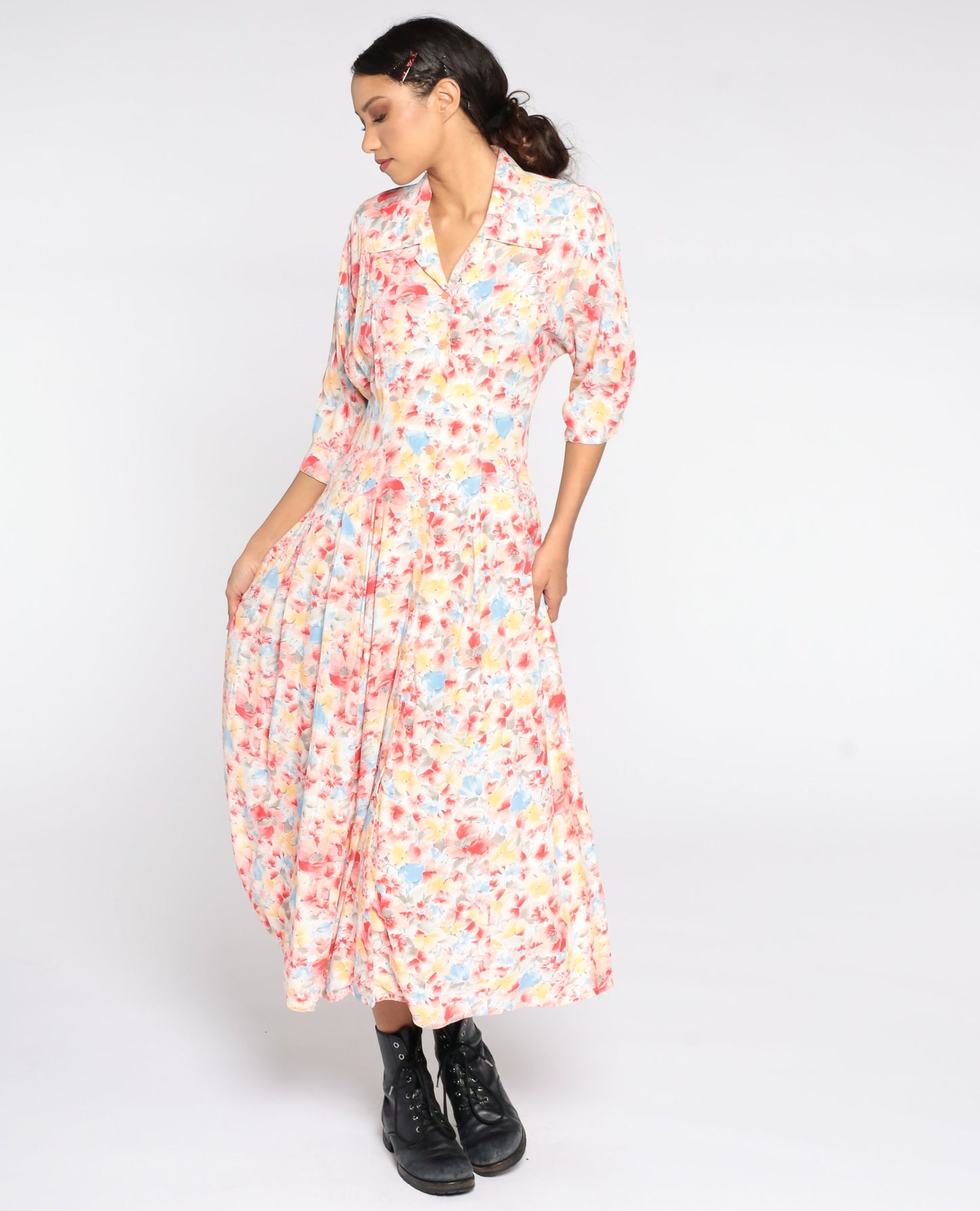 80s Floral Midi Shirtdress High Waist Button Front 3/4 Sleeve Small