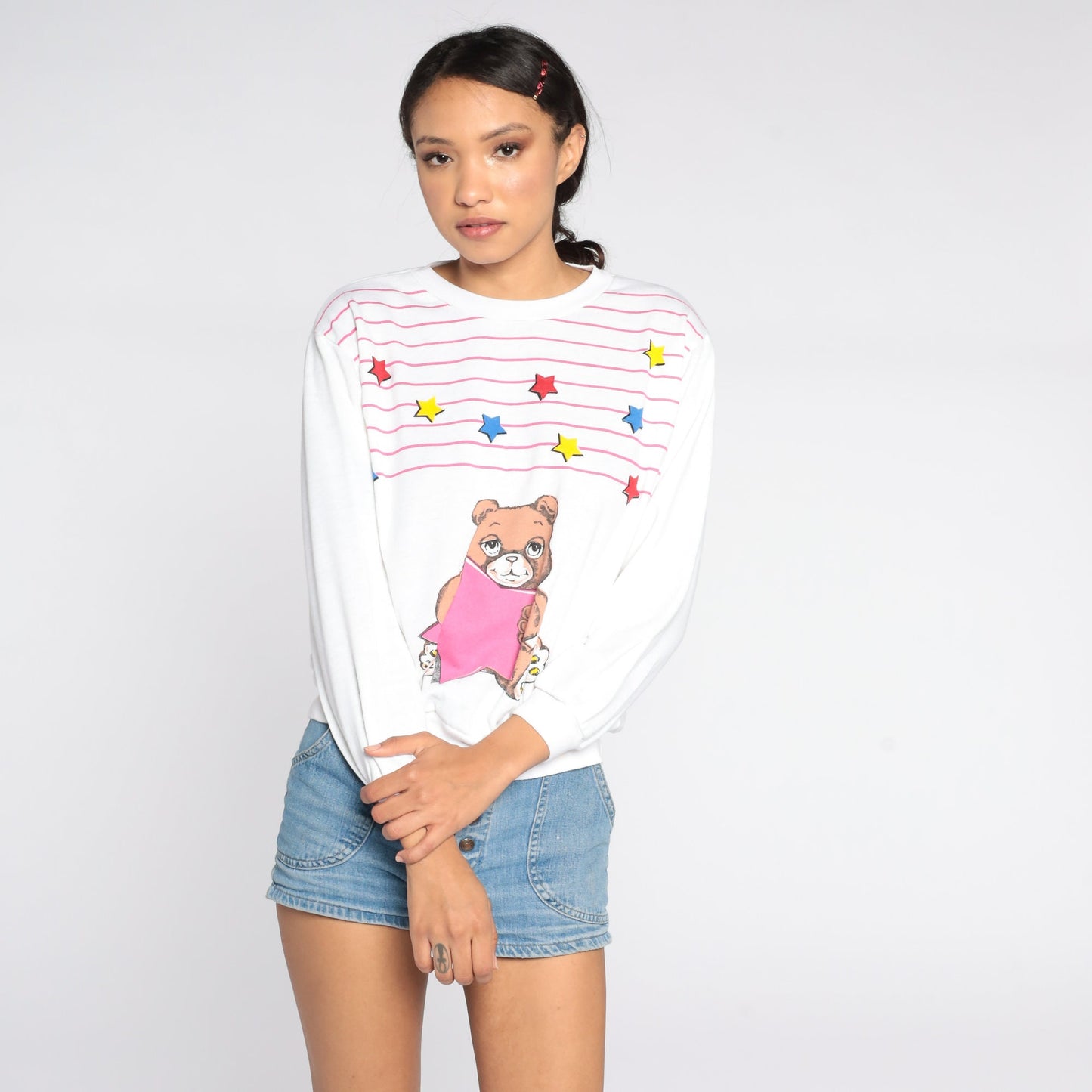 80s Teddy Bear Graphic Sweatshirt White Pink Striped Crewneck Medium