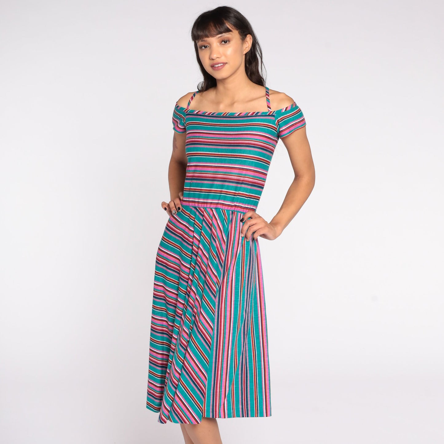 70s Teal Striped Midi Dress Off-Shoulder Criss-Cross Straps Extra Small
