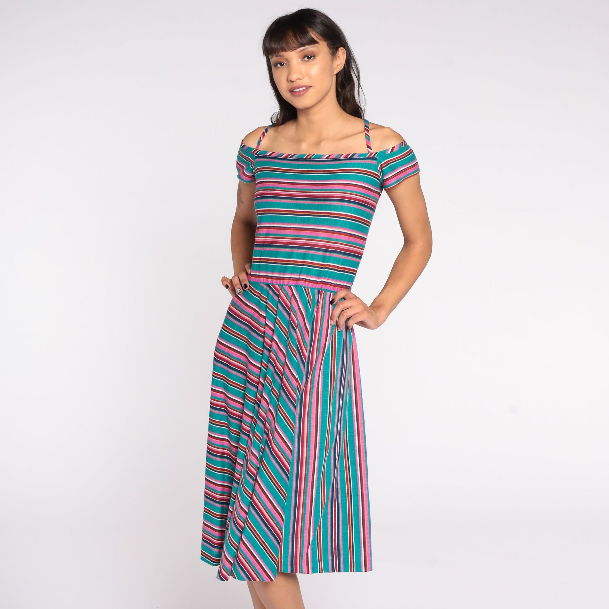 70s Teal Striped Midi Dress Off-Shoulder Criss-Cross Straps Extra Small