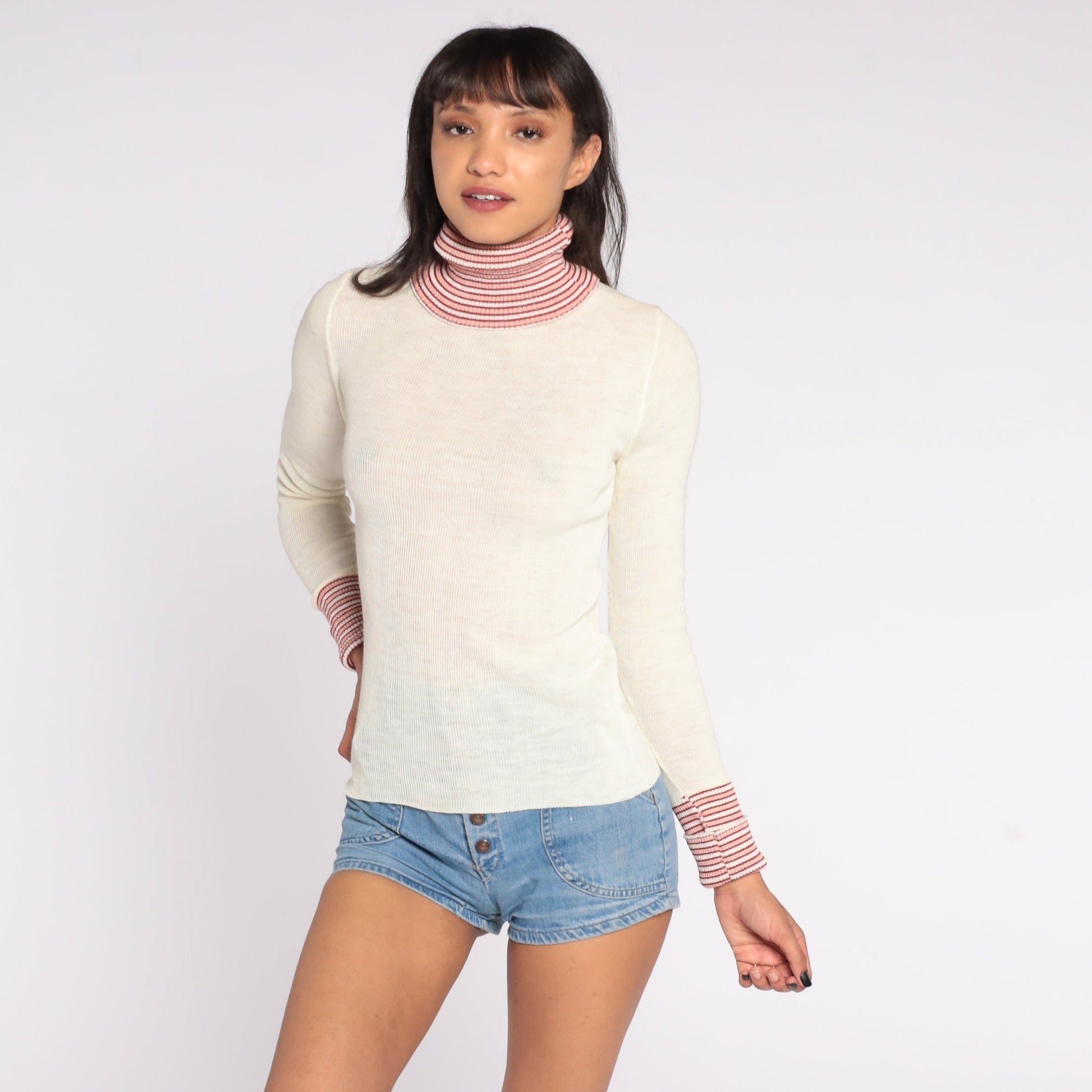 70s Striped Turtleneck Sweater Off-White Knit Pullover Small S