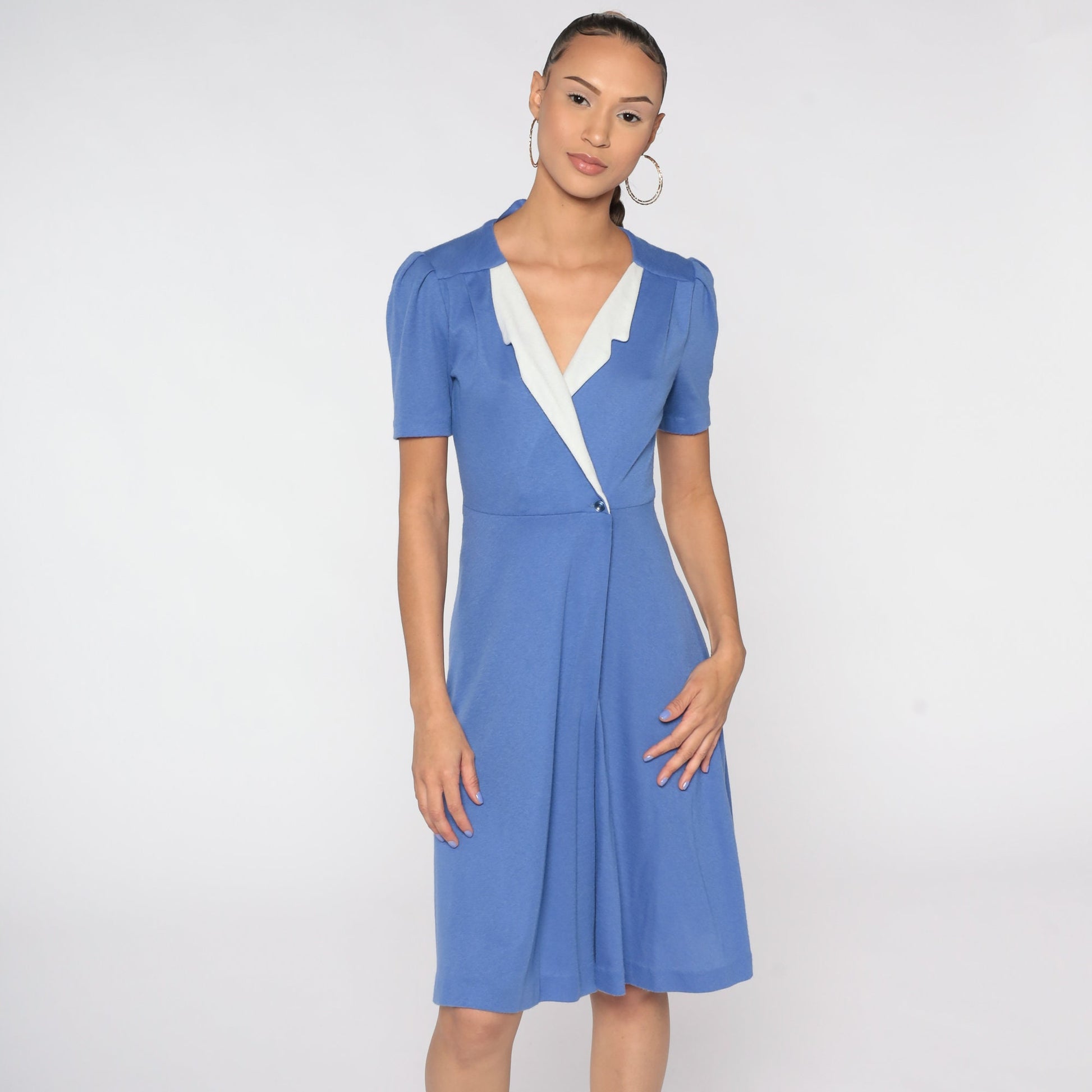 80s Purple Wrap Dress High Waist Deep V Puff Sleeve Midi Small
