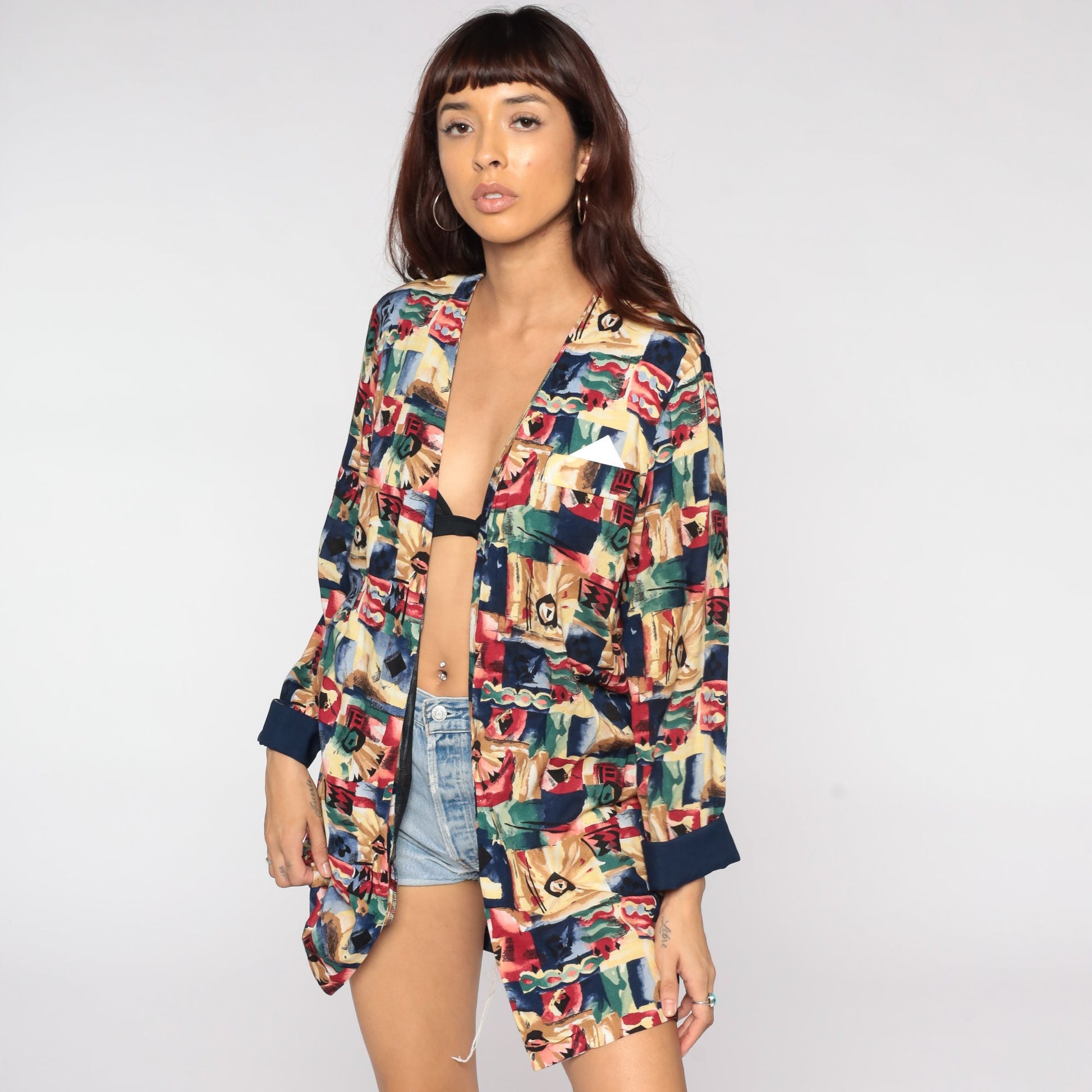 90s Floral Print Open Front Blazer Jacket Rayon Medium Large