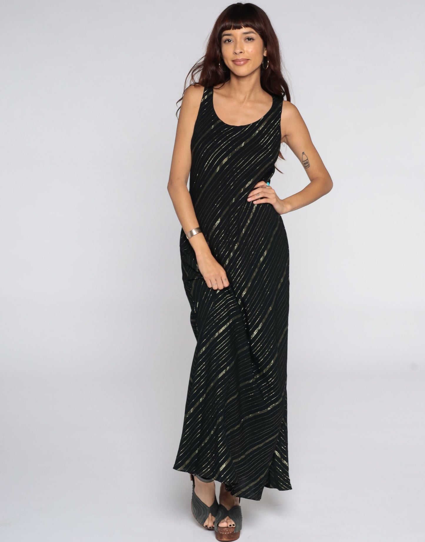 90s Black Maxi Dress Gold Metallic Stripe Sleeveless Column Medium