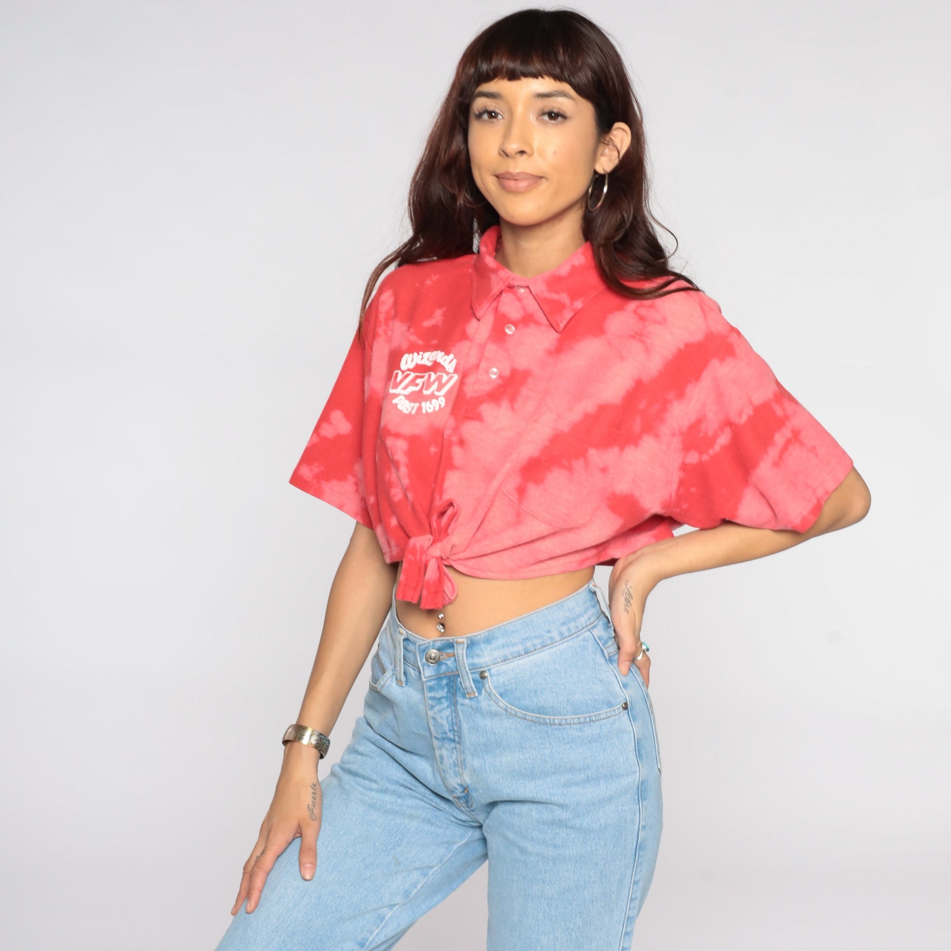 90s Wizards VFW 1699 Tie Dye Crop Top Button Up Shirt Red Extra Large