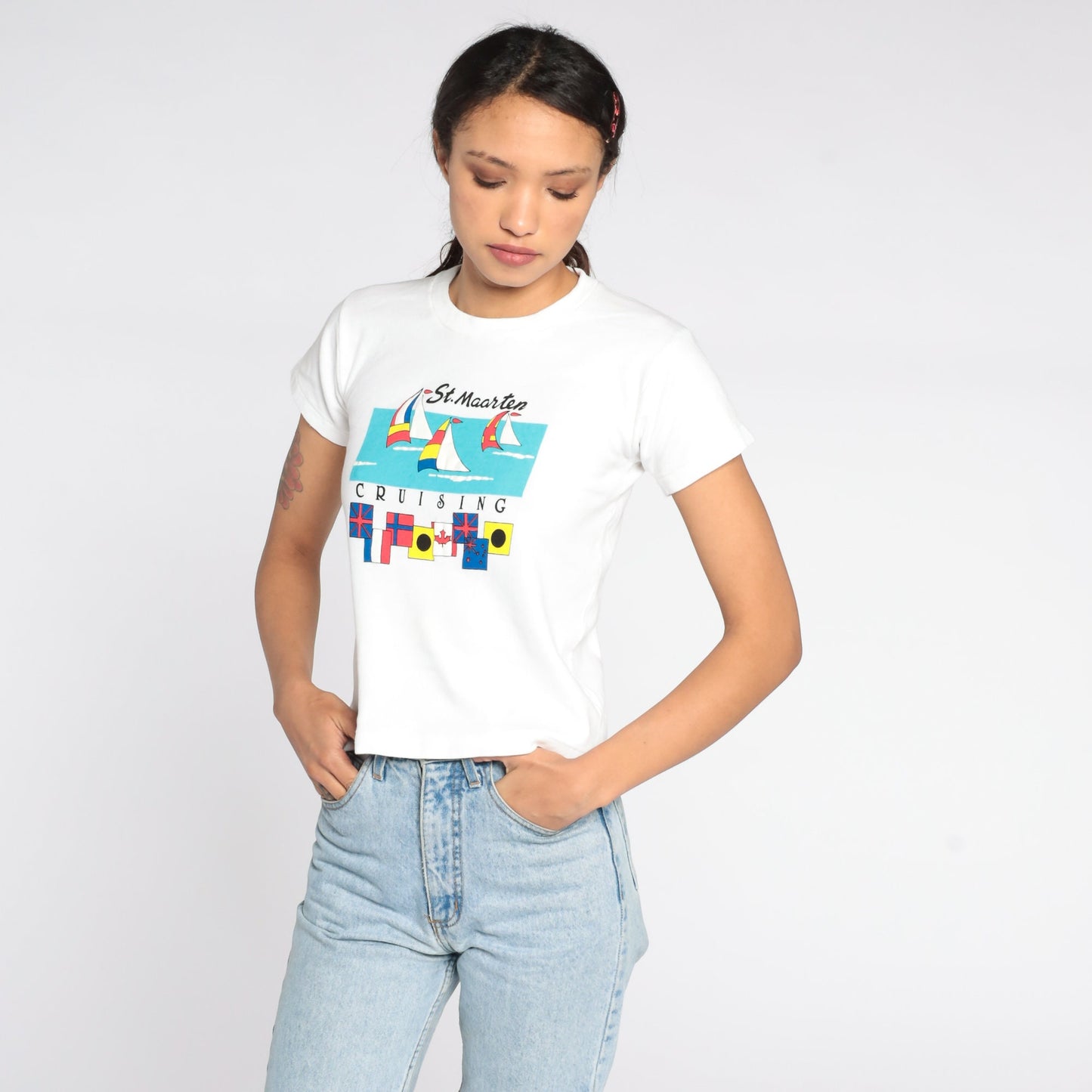 90s St. Maarten Sailboat Graphic T-Shirt White Cotton Extra Small